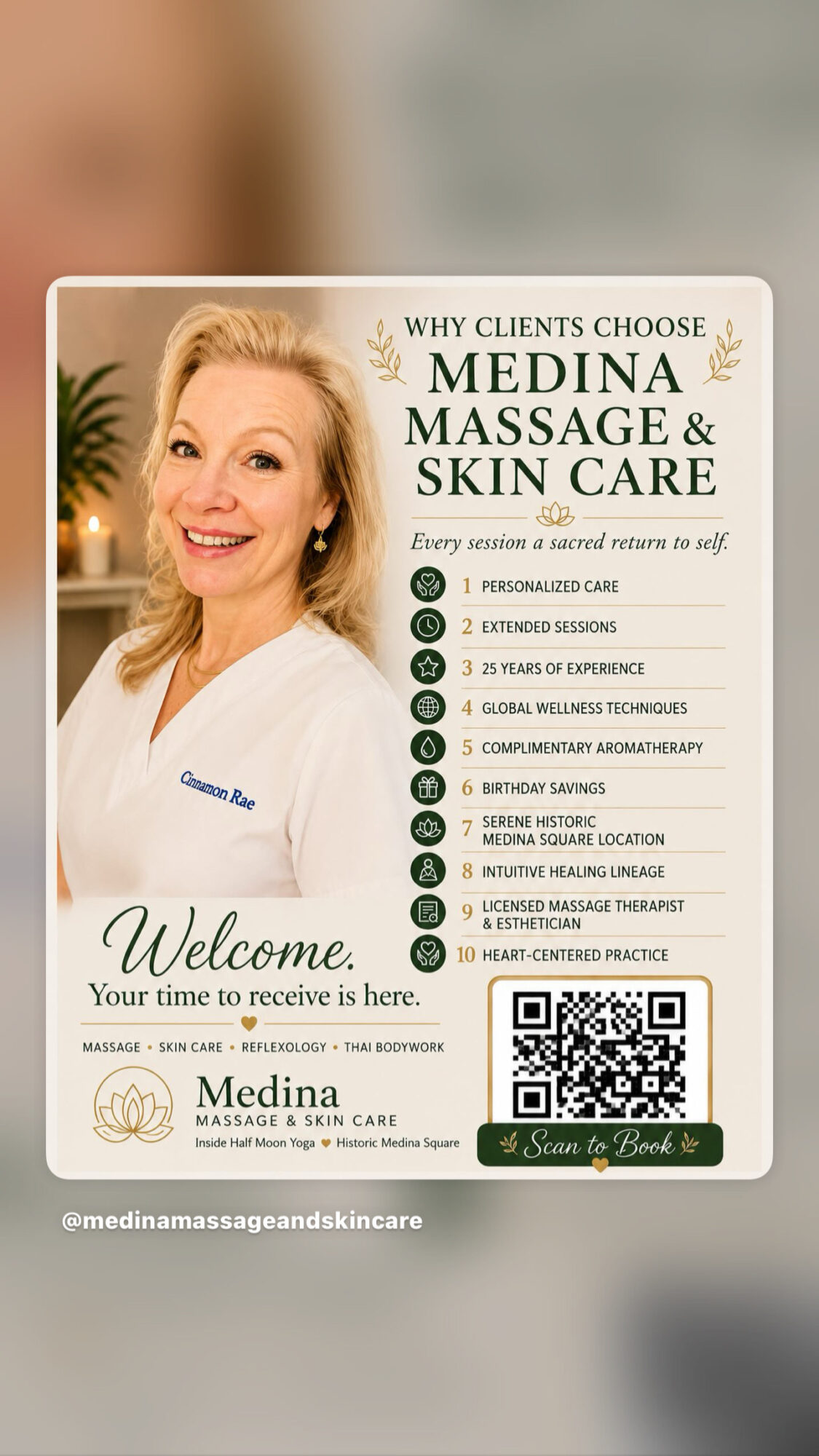 Pamphlet for Medina Massage & Skin Care with a smiling woman in a white coat, list of services, QR code, and contact info.