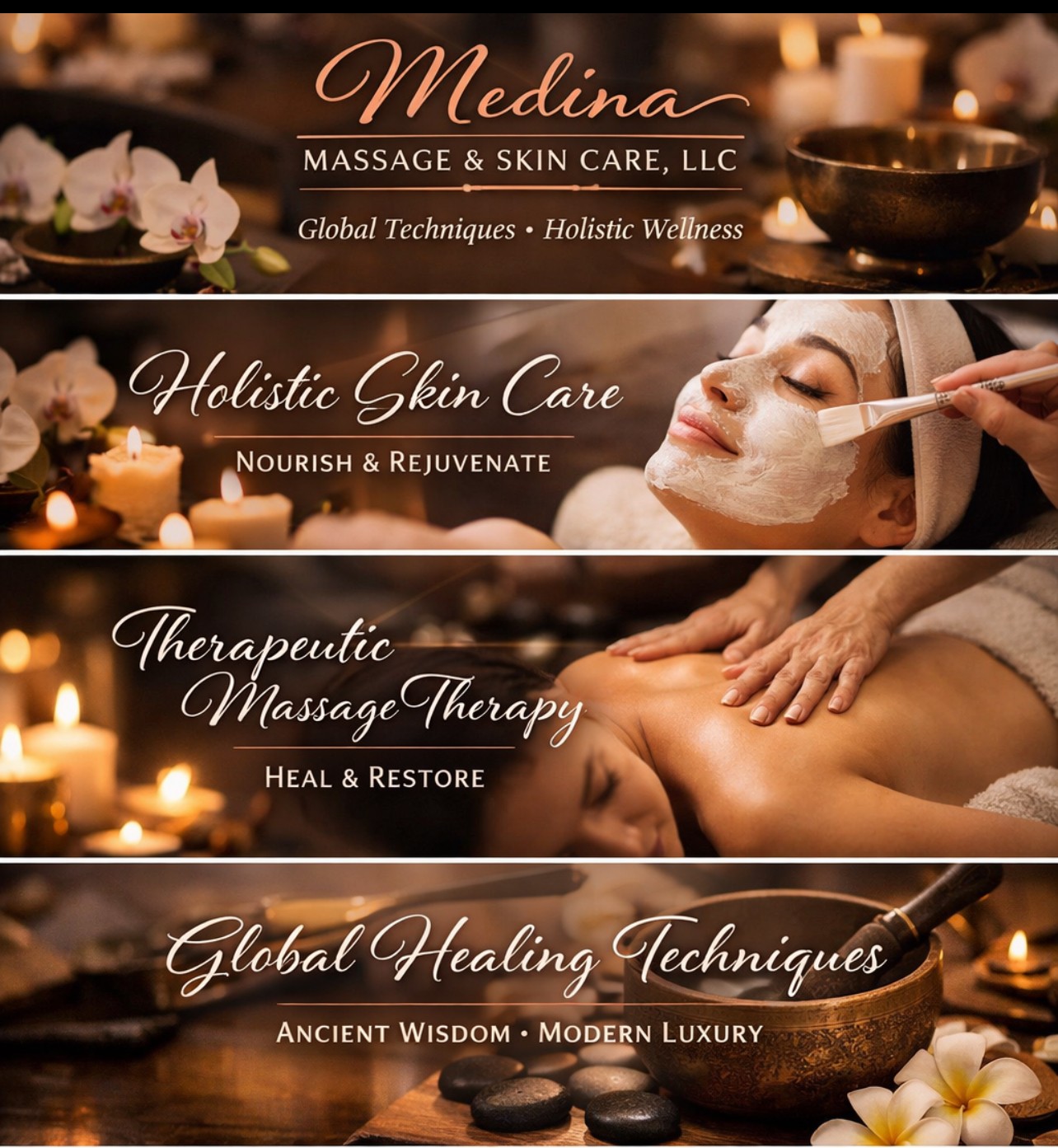 Four horizontal banners advertising massage and skin care services with flowers, a woman receiving a facial, and massage stones.