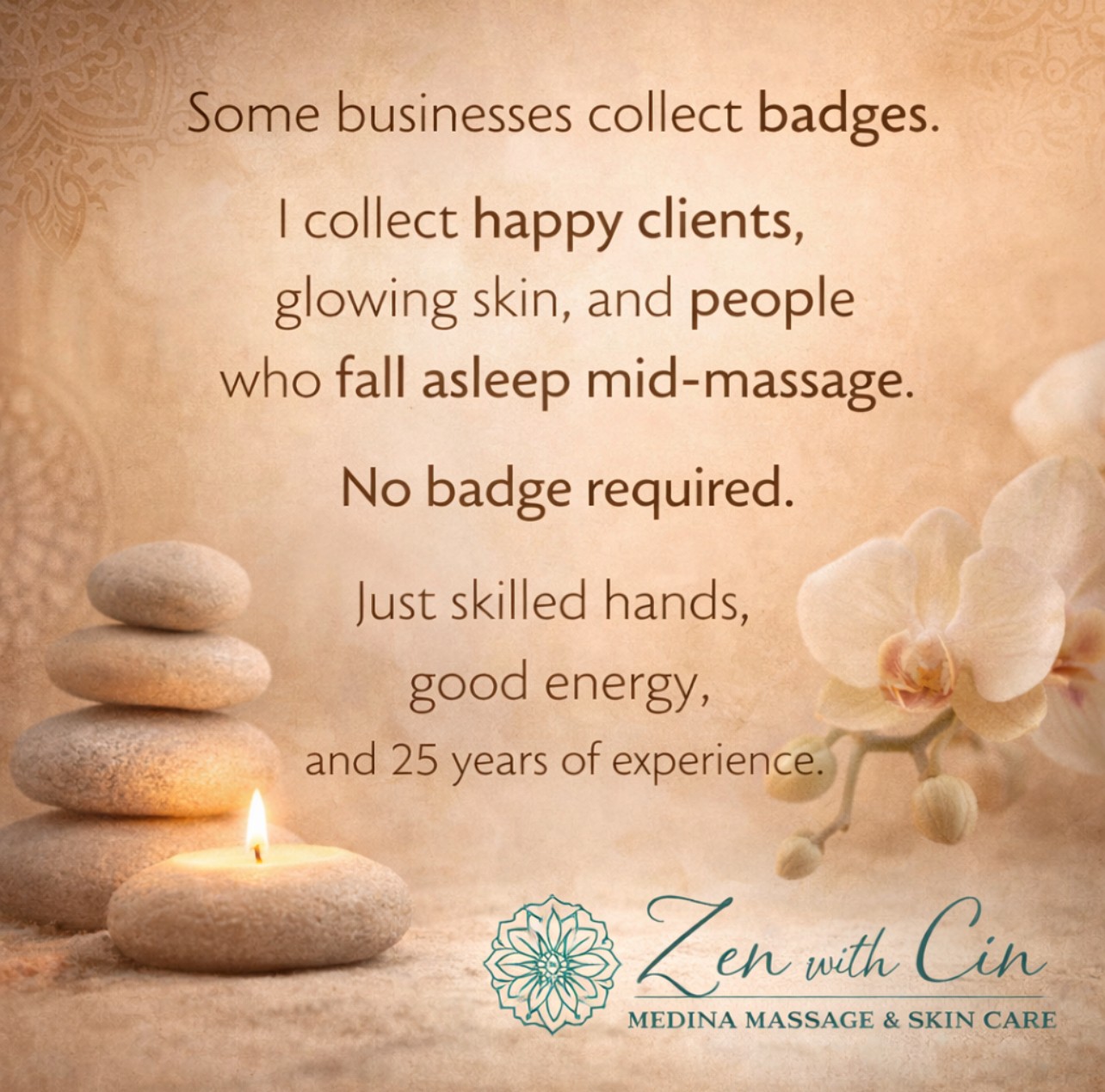 Text about massage business benefits with stones, orchid, and candle in background, and Zen logo at bottom right.