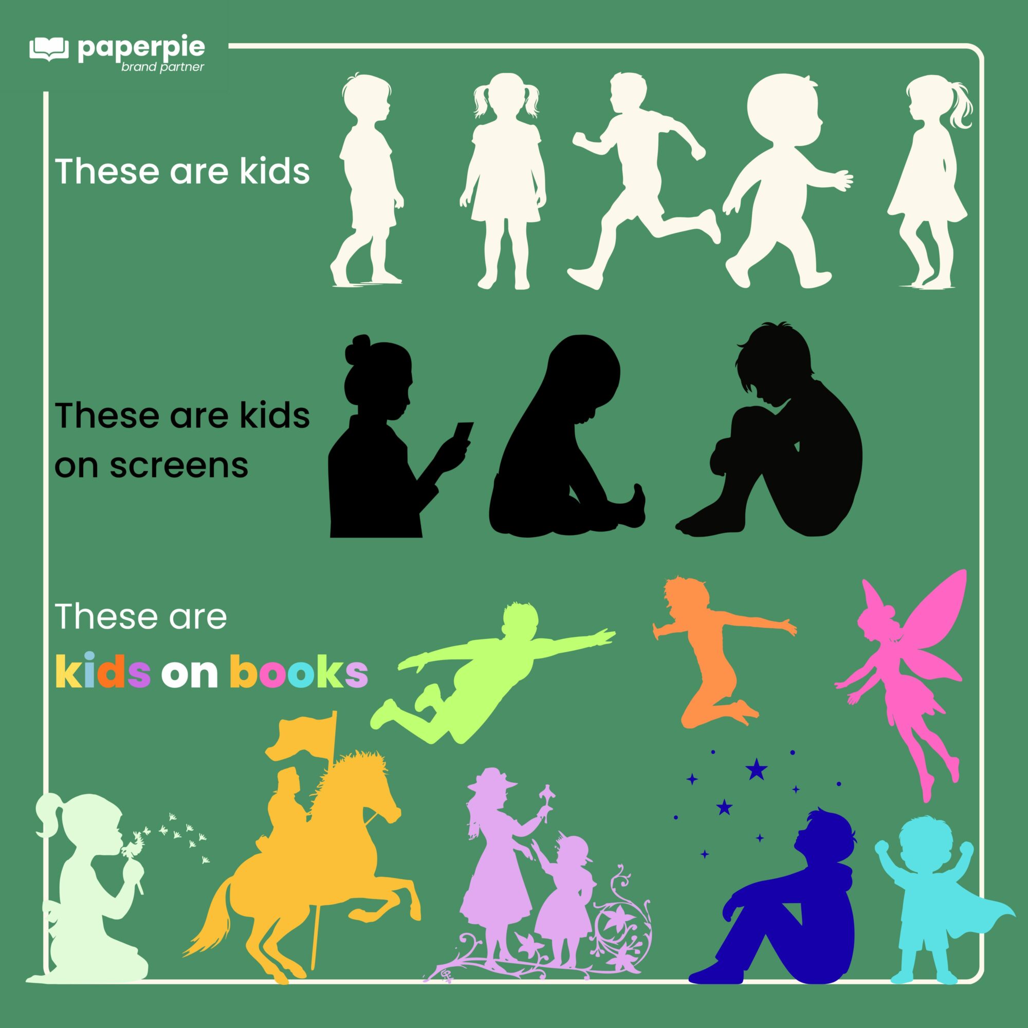 Children silhouettes with text about kids, screens, and books, in various colors and poses, on a green background.