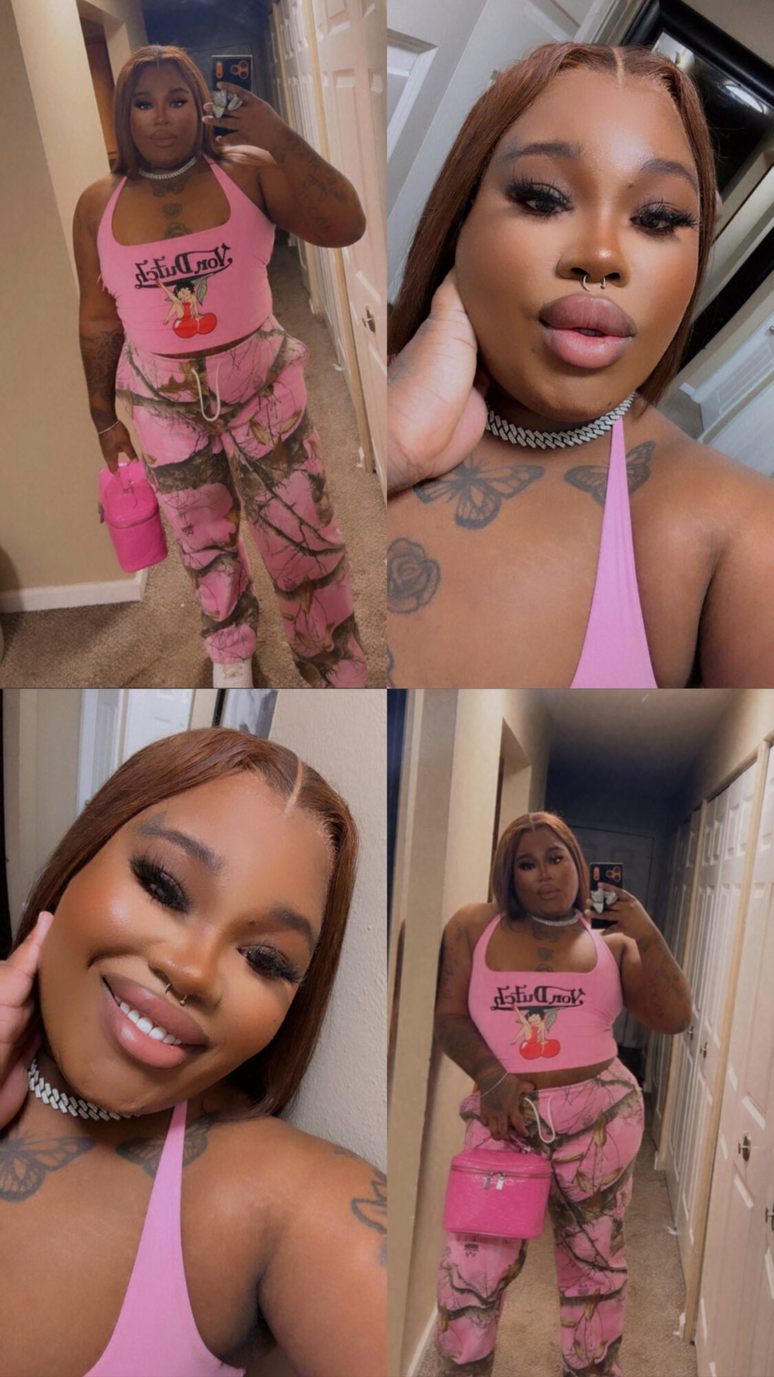 Four images of a woman with long hair, wearing pink and camouflage pants, taking selfies indoors.