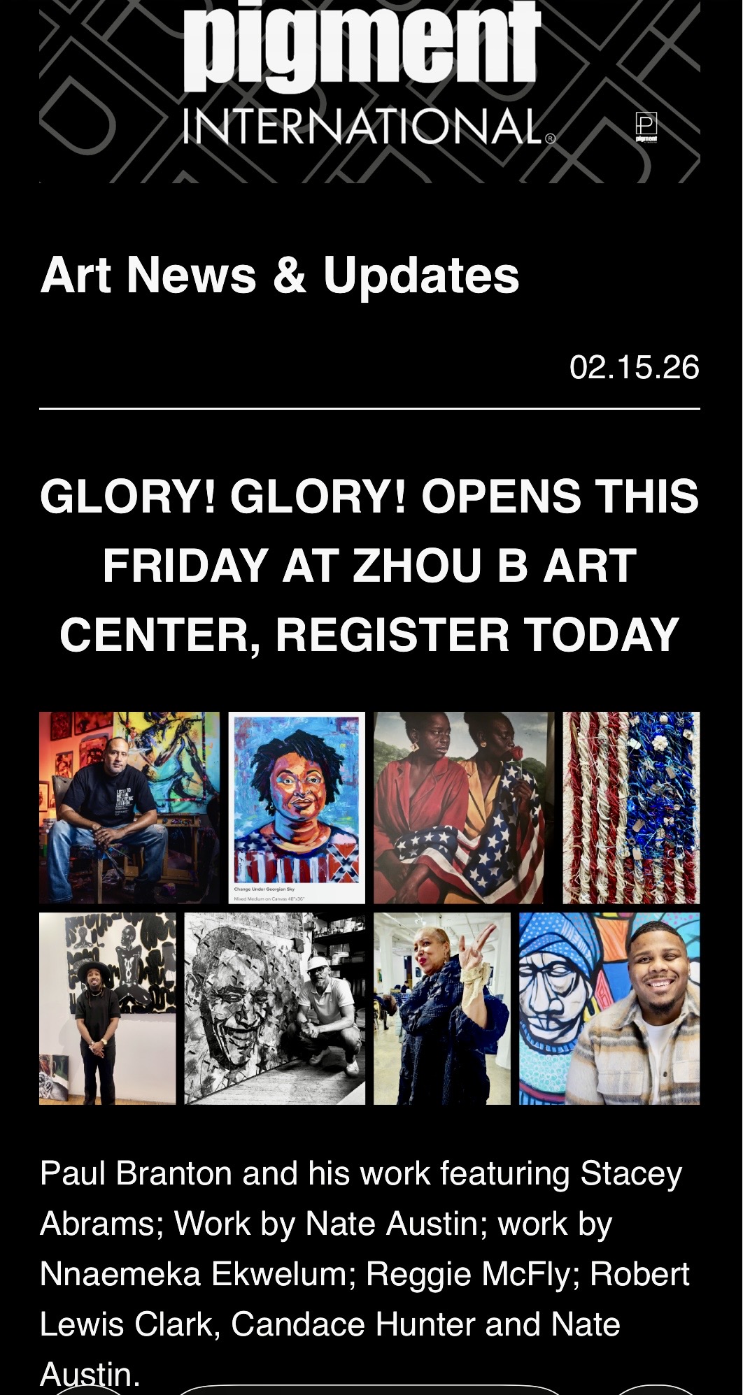 Event poster with text about art news, updates, and an opening event at Zhou B Art Center, with images of diverse people and artwork.