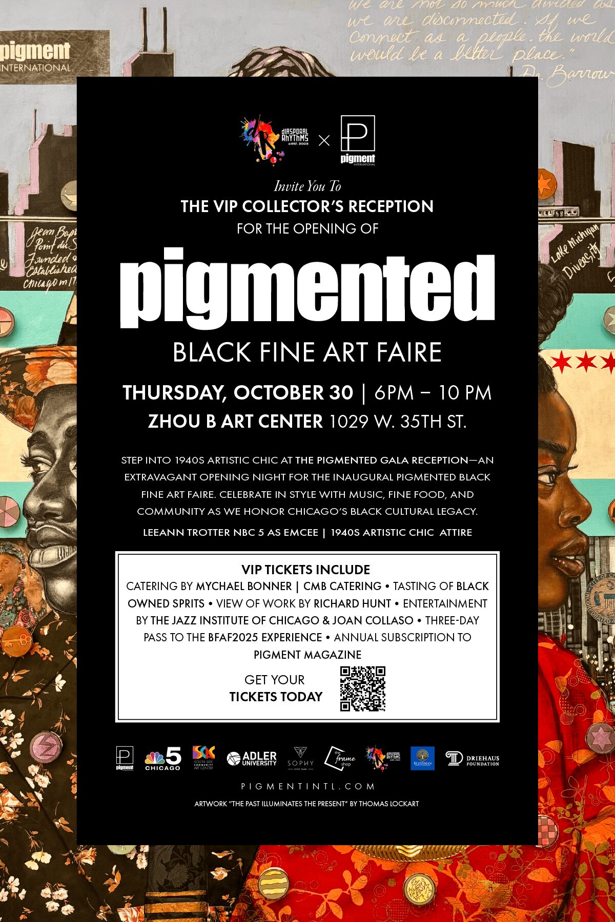 Invitation for Pigmented Black Fine Art Fair, October 30th, 6-10 PM, at Zhou Bo Art Center, featuring VIP reception and art showcase.