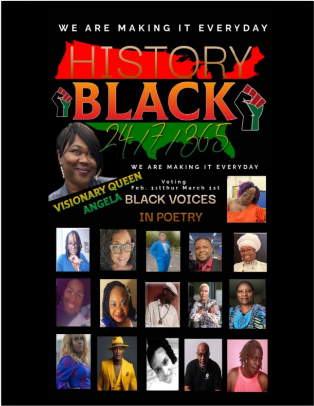 Cover of a book titled 'History Black Voices in Poetry' with photos of diverse people and text celebrating Black history.