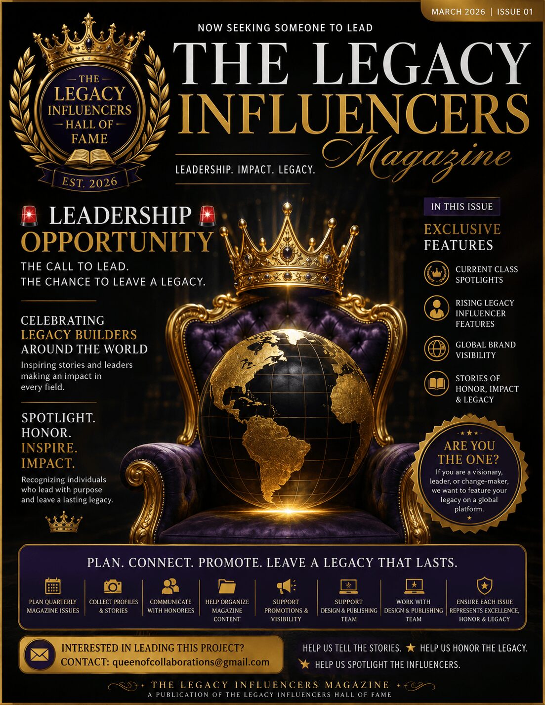 Magazine cover titled 'The Legacy Influencers' features a golden crown above a globe, with headlines about leadership and influence.