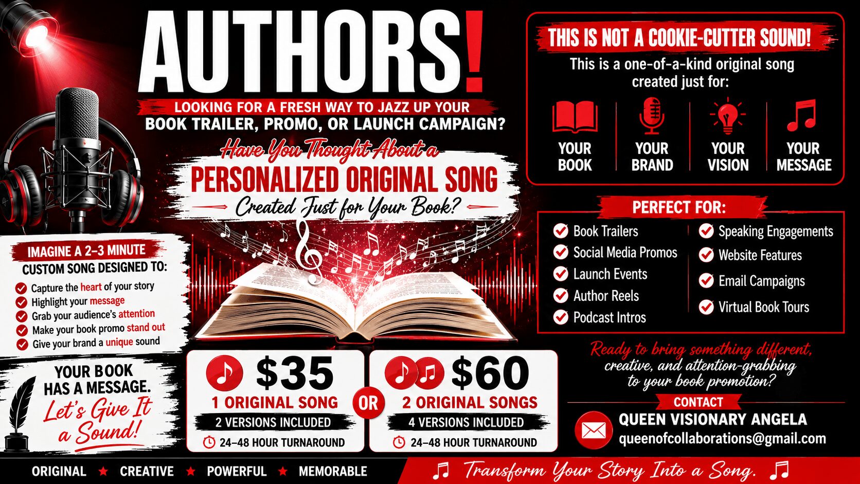 Advertisement for custom song creation with book, trailer, or launch campaign, featuring pricing and contact information.