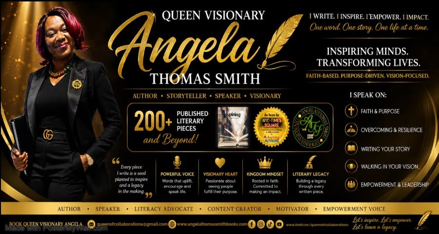 Event poster featuring Angela Thomas Smith, with gold and black design, celebrating her achievements and inspiring message.
