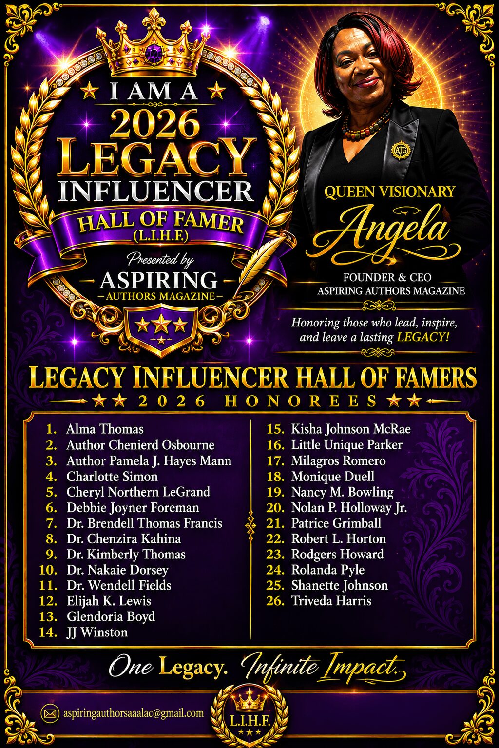 Celebration poster honoring Angela as 2026 Legacy Influencer Hall of Famer, featuring her photo, gold and purple design, and list of achievements.