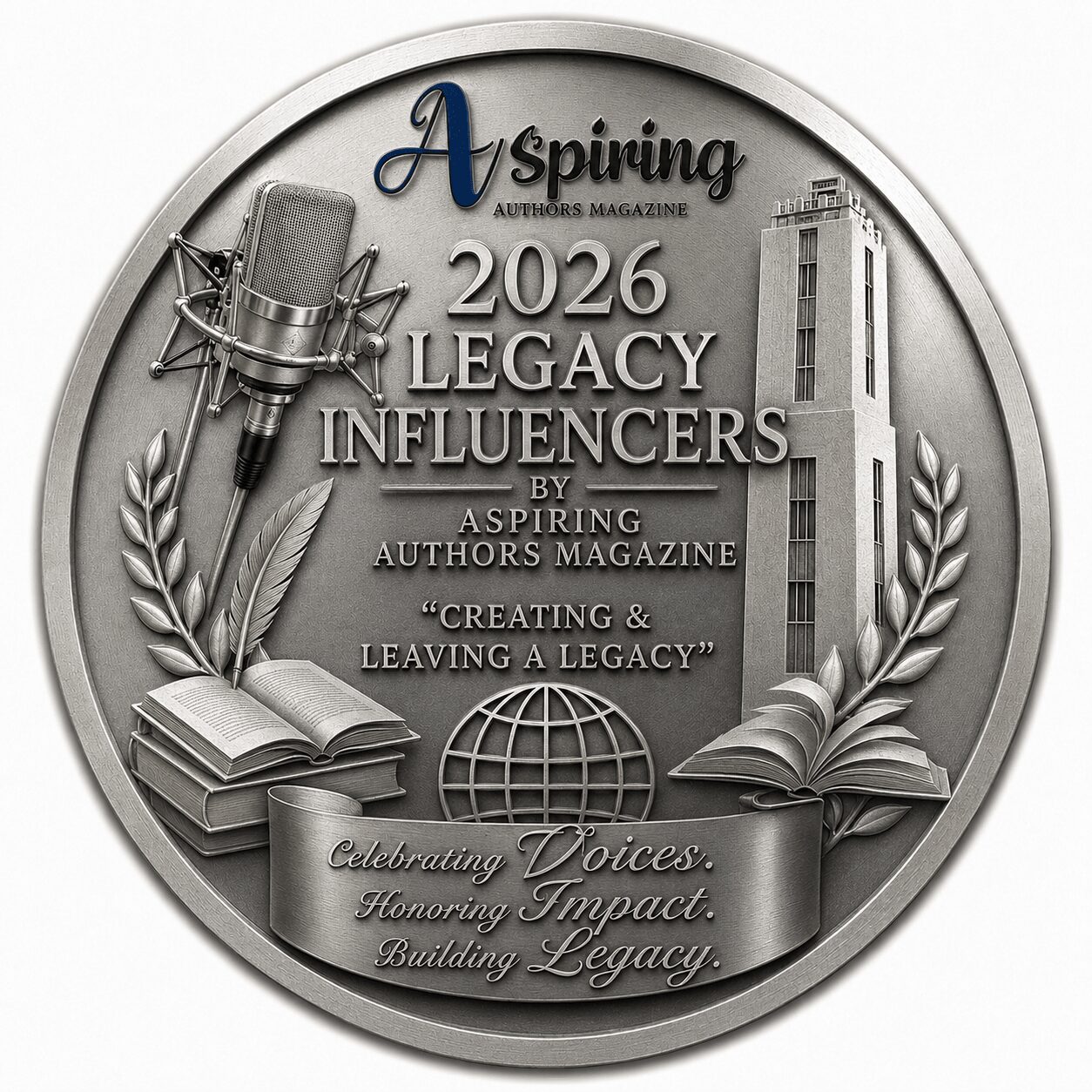 A commemorative coin with a microphone, books, globe, and laurel leaves, celebrating 2026 legacy influencers by Aspiring Authors Magazine.