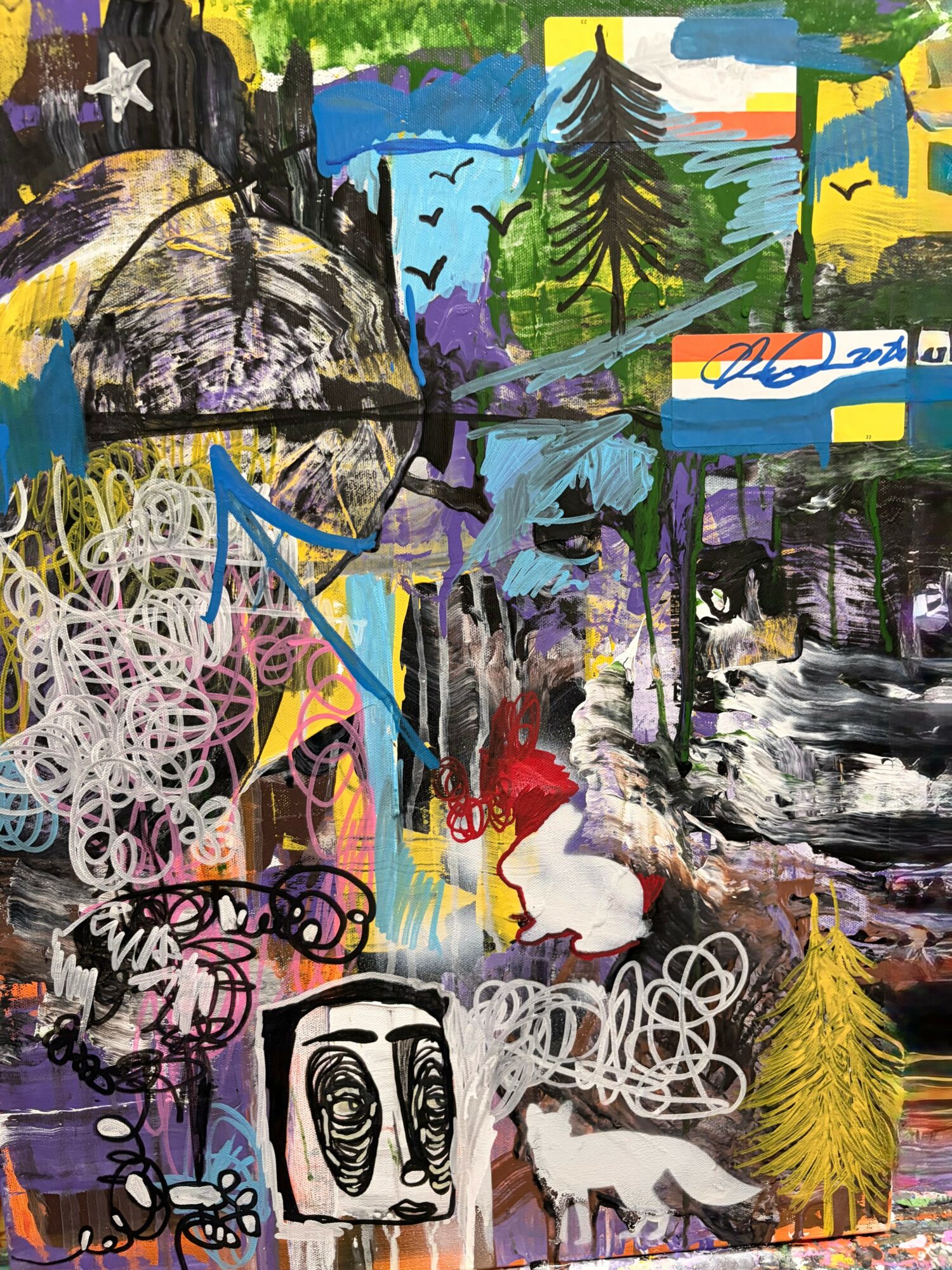 Abstract painting with trees, animals, and colorful shapes, featuring a face outline and various scribbles and patterns.