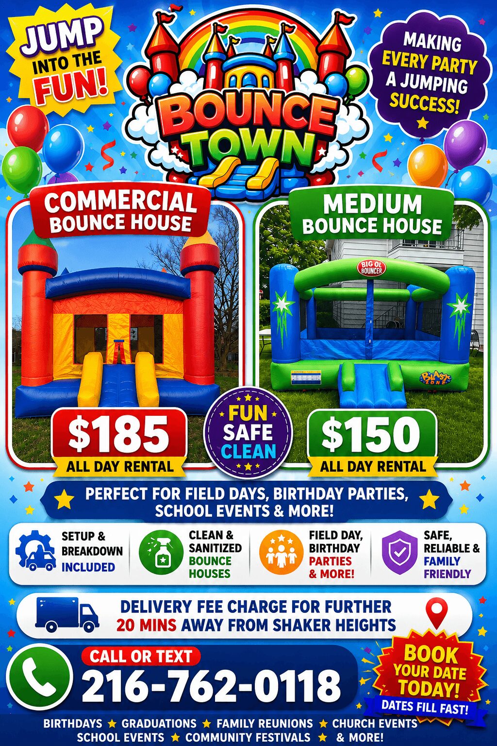 Colorful bounce house advertisements for commercial and medium sizes, prices, contact number, and features, with a blue background.