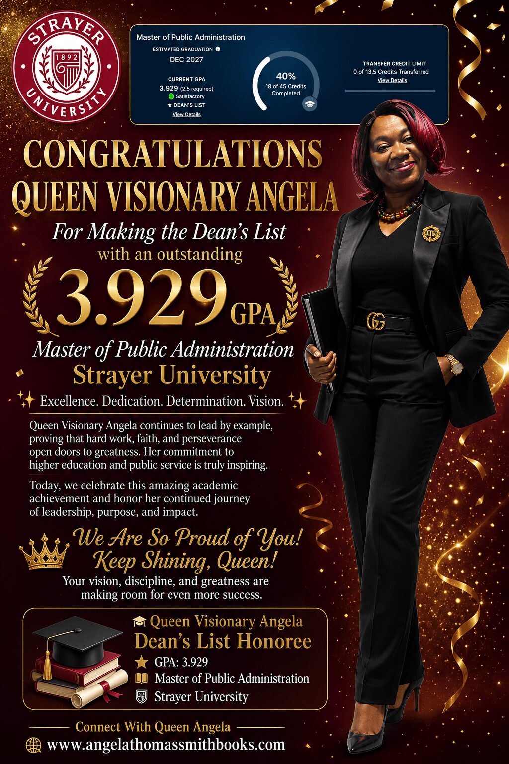 Woman in black suit with pink hair standing in front of a graduation banner, smiling, holding a diploma, with university logos and congratulatory text.