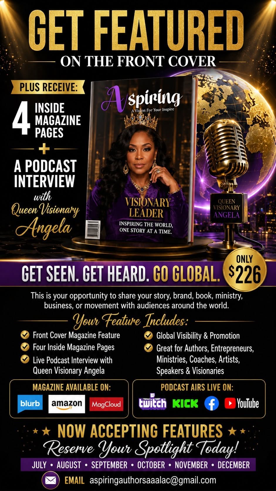 Magazine cover featuring a woman, microphone, and text about being featured, with additional promotional text and logos.
