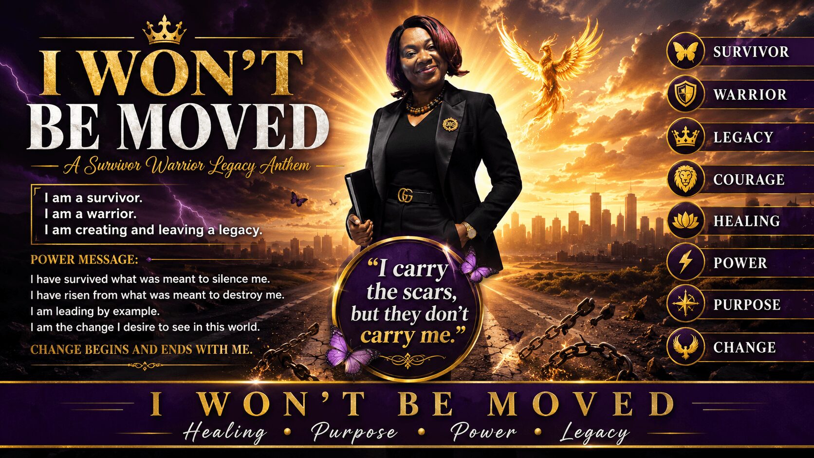 A woman with purple hair stands in front of a city skyline with fiery background, holding a quote about carrying scars.