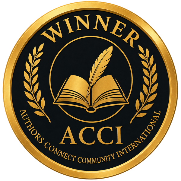 Gold and black circular emblem with a book, feather, and laurel branches, with text 'WINNER ACCI AUTHORS CONNECT COMMUNITY INTERNATIONAL'.