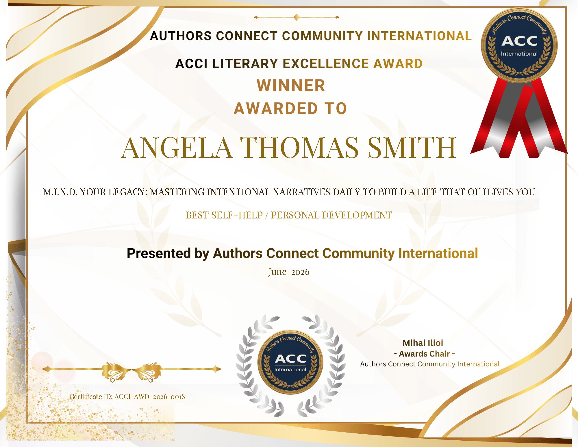 Certificate awarded to Angela Thomas Smith for literary excellence, presented by Authors Connect Community International, June 2023.