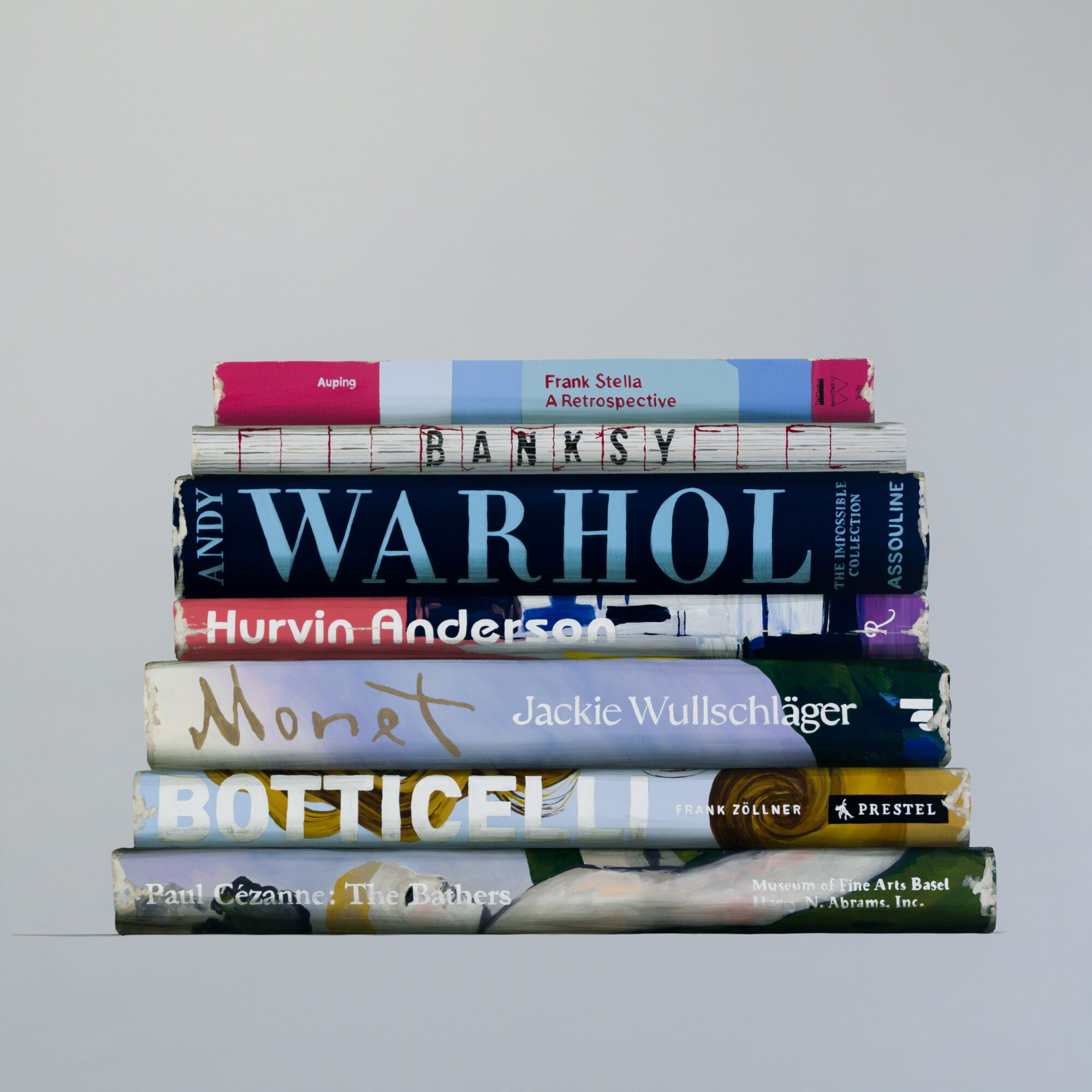 Stack of seven books on a plain background, with titles visible on spines.