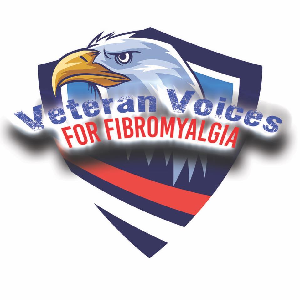 Eagle head with shield background, text reads 'Veteran Voices for Fibromyalgia', blue and red colors, bold font.