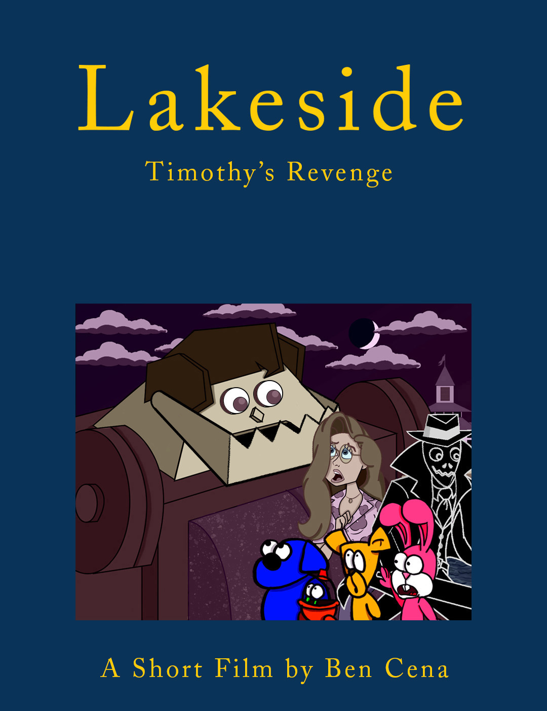 Book cover titled 'Lakeside: Timothy's Revenge' featuring animated characters including a large monster and four colorful creatures at night.