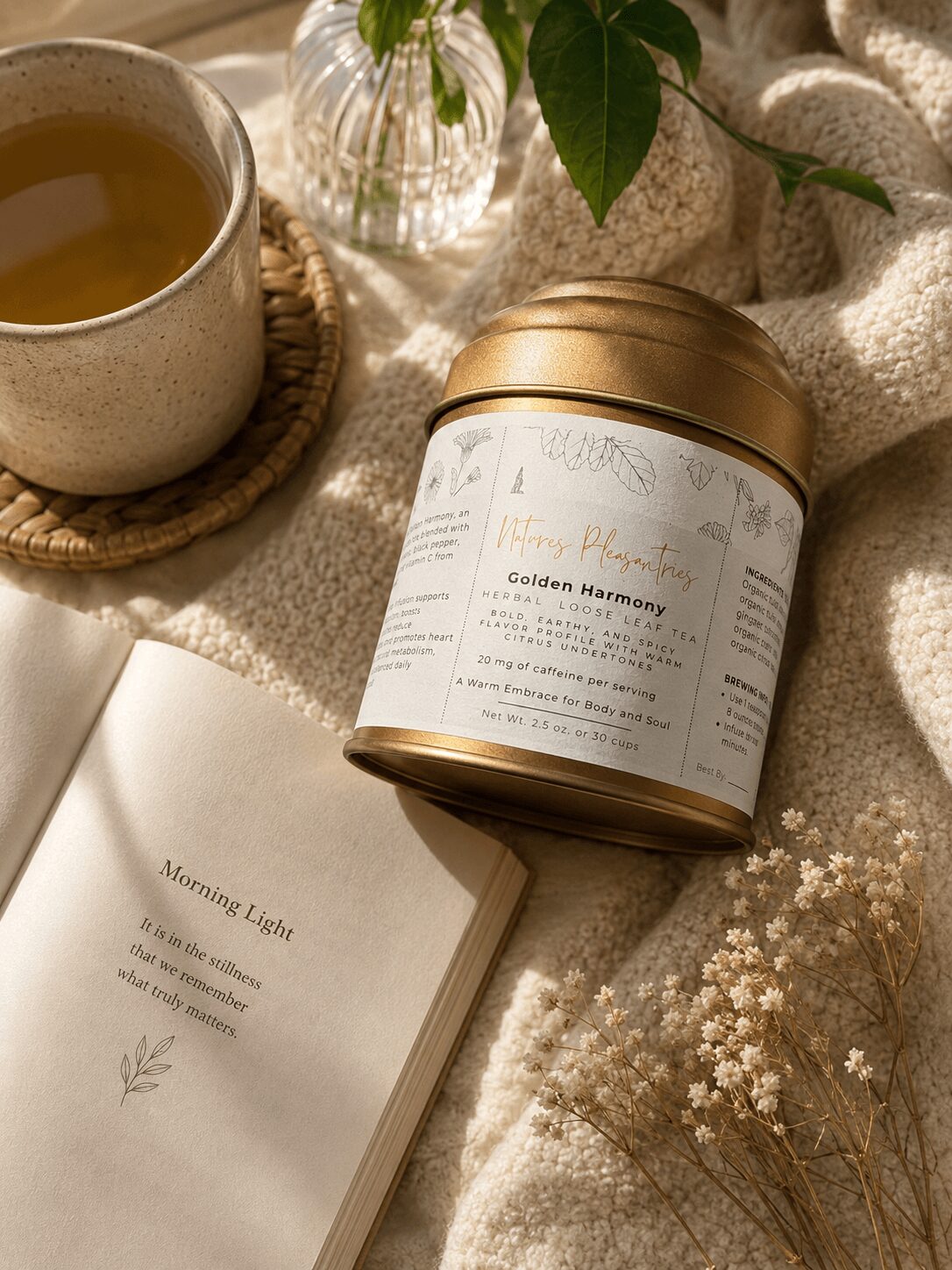 Open book, cup of tea on a woven coaster, and a white container with a gold lid on a soft fabric surface with flowers and greenery.