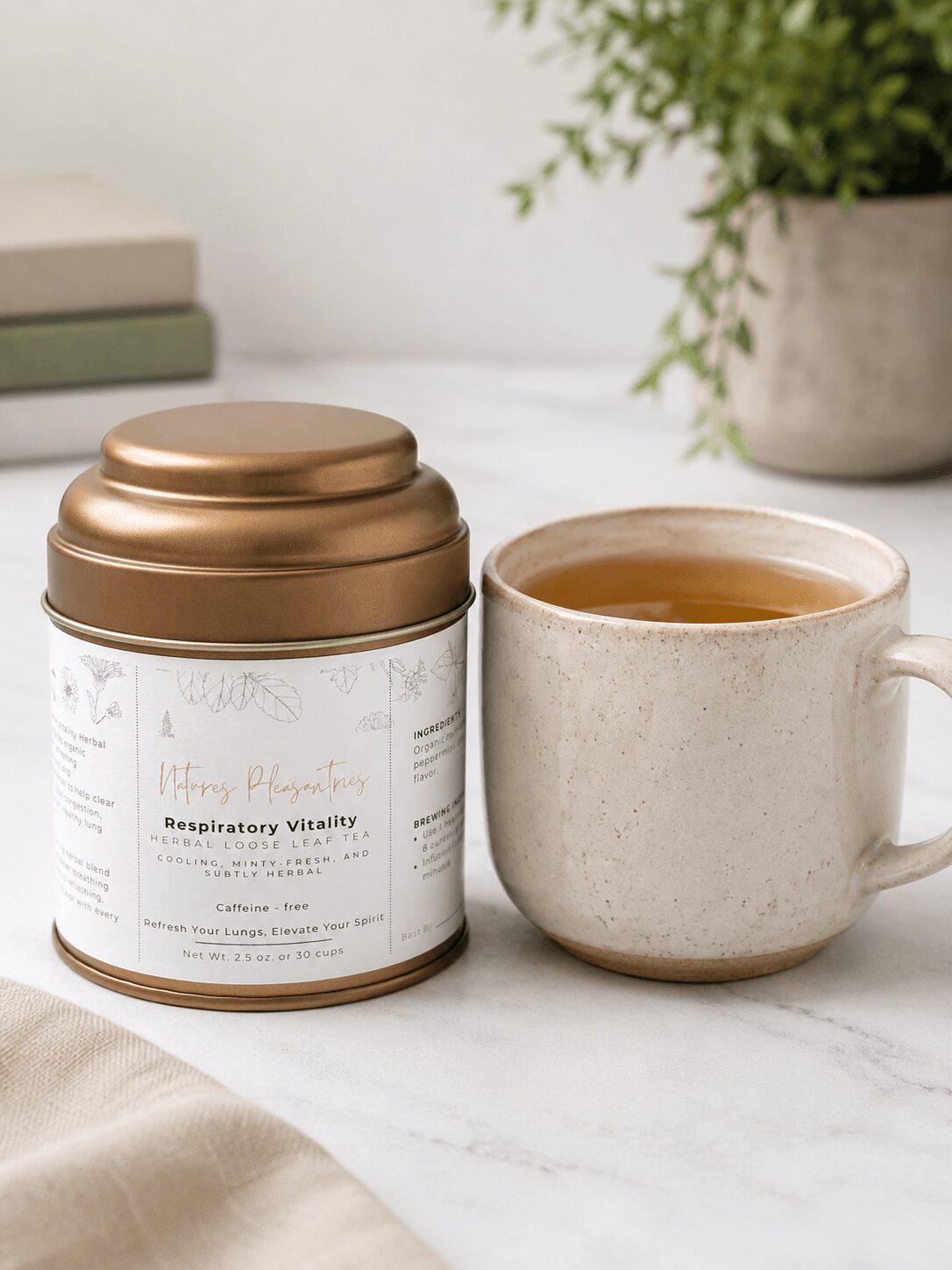 A cup of tea next to a container labeled 'Respiratory Vitality' on a white surface with a plant in the background.