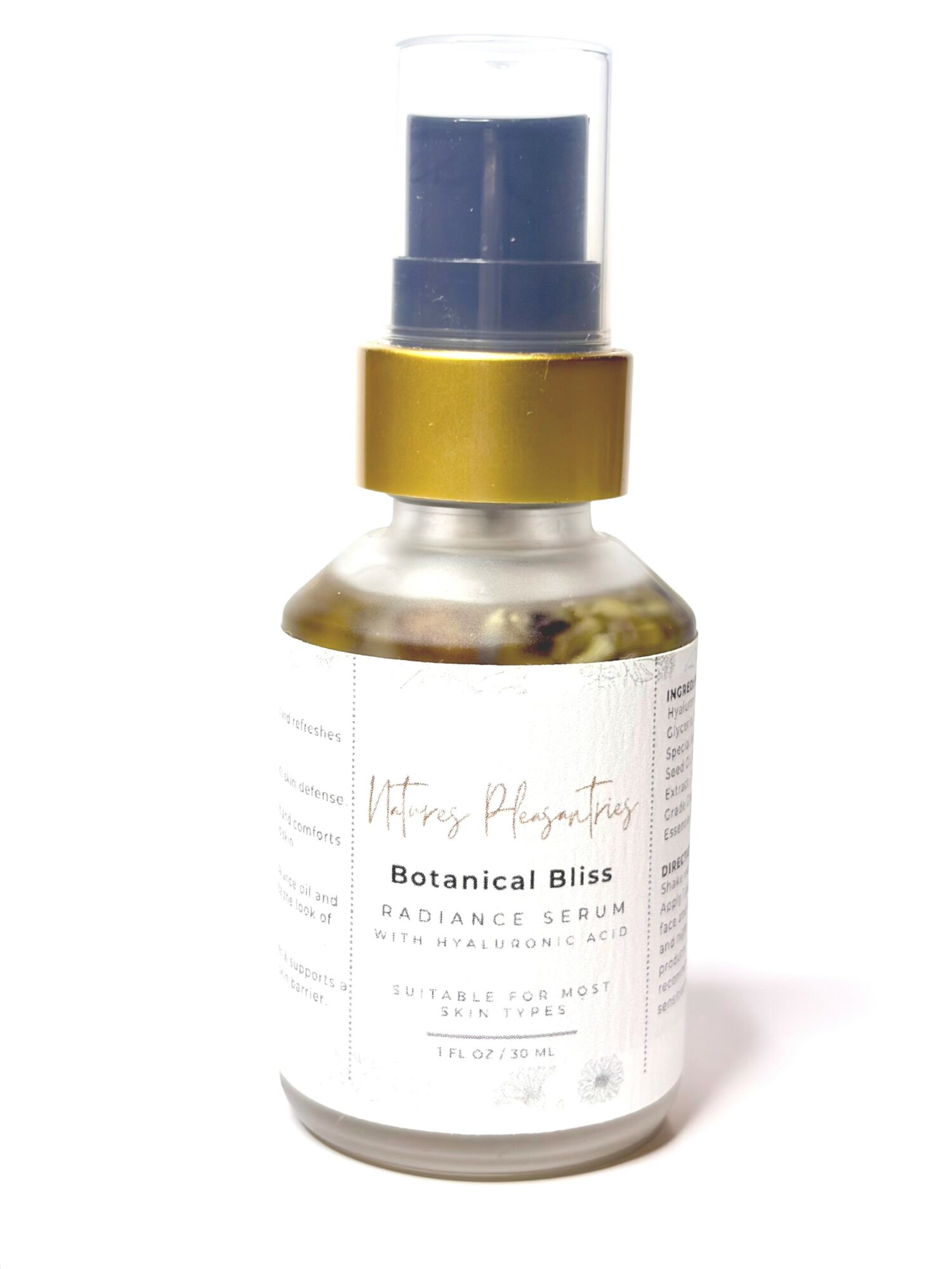 A clear bottle with a gold and blue pump dispenser, labeled Botanical Bliss Radiance Serum, on a white background.