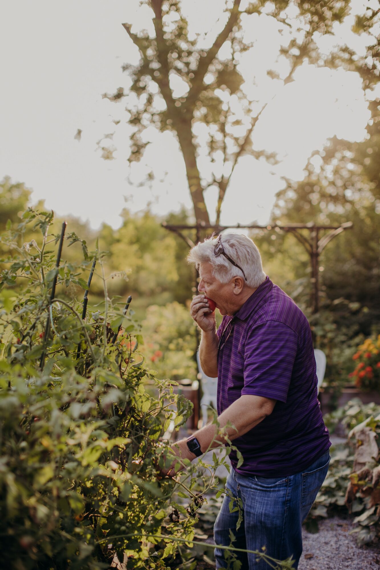 Elderly woman with gray hair in a garden, wearing a purple shirt, touching her face, surrounded by plants and trees.