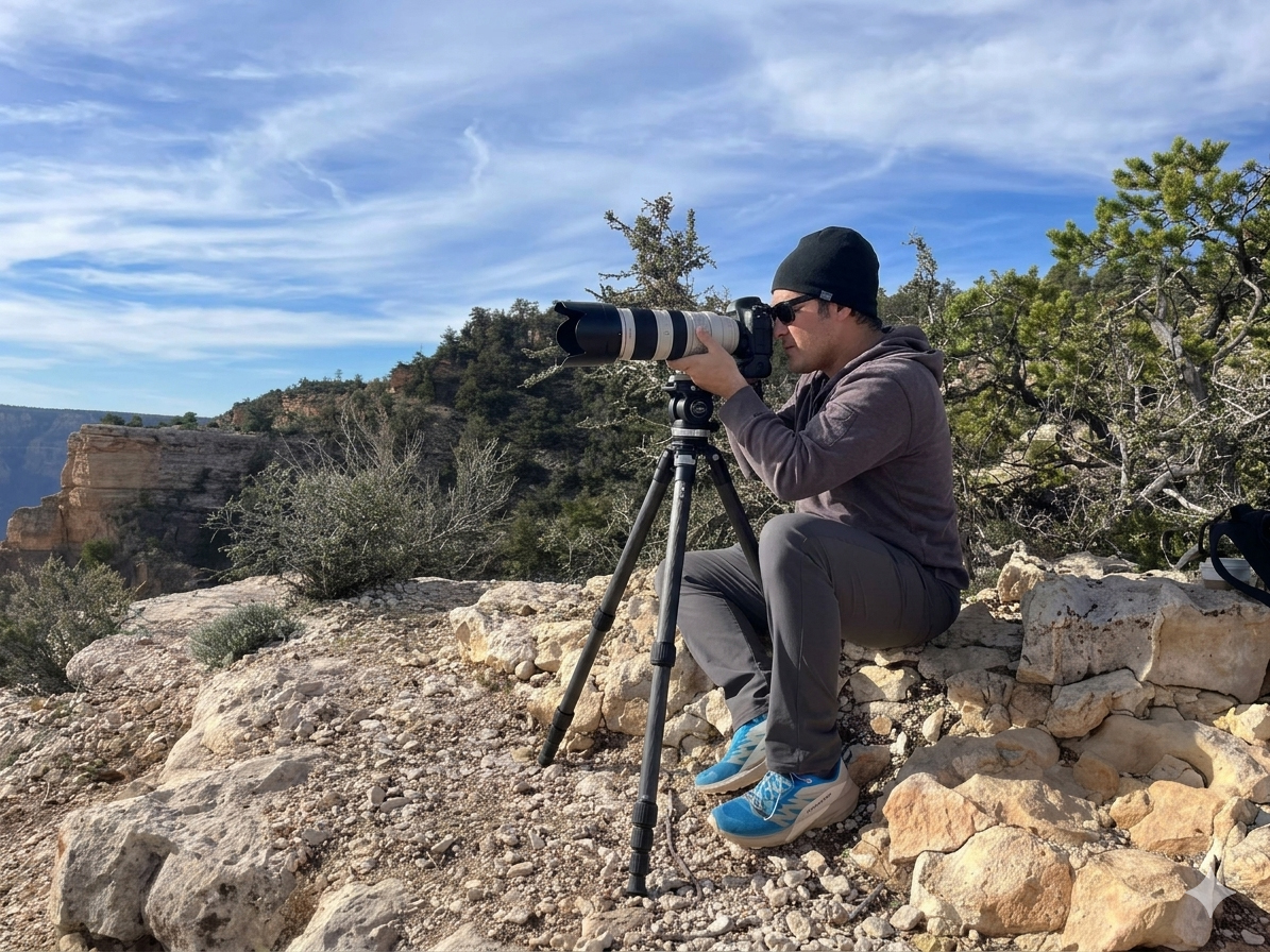 Person with a camera on a tripod outdoors, surrounded by rocks and trees, with a blue sky and clouds.