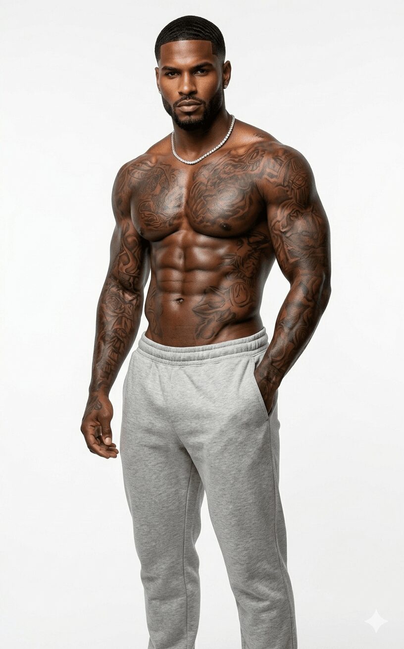 Man with muscular build and tattoos, wearing gray sweatpants, standing against a white background.