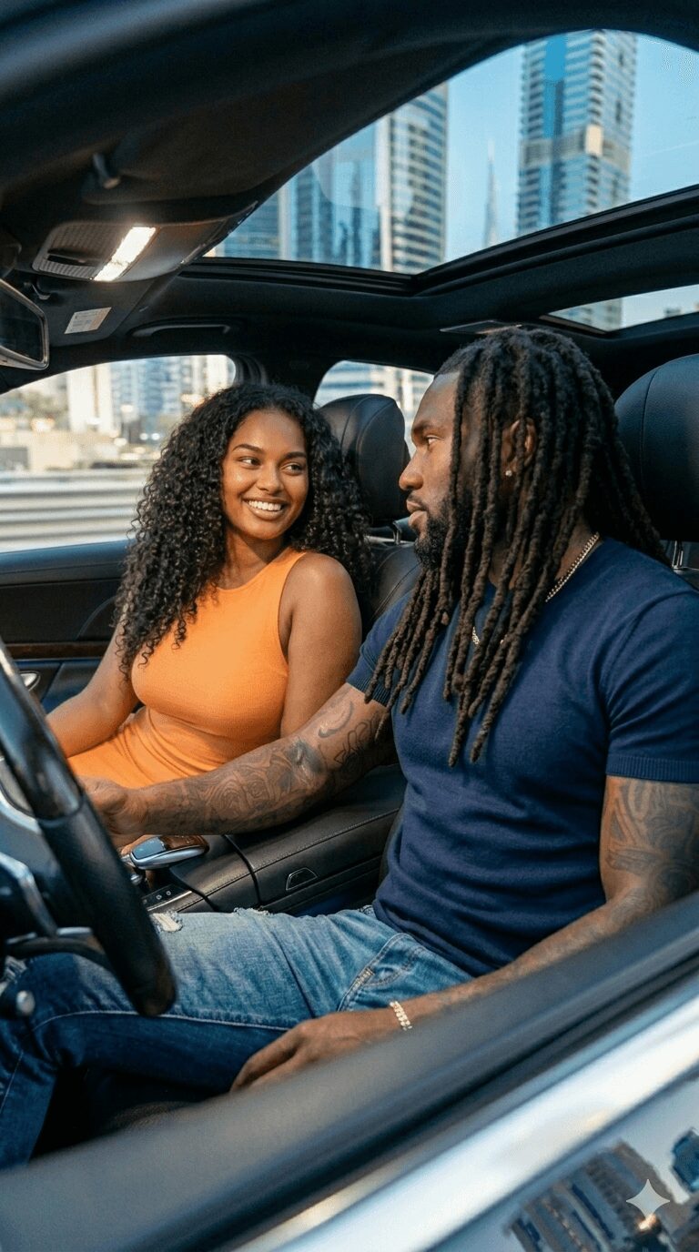 A smiling woman and a man with dreadlocks sit inside a car with a cityscape background.