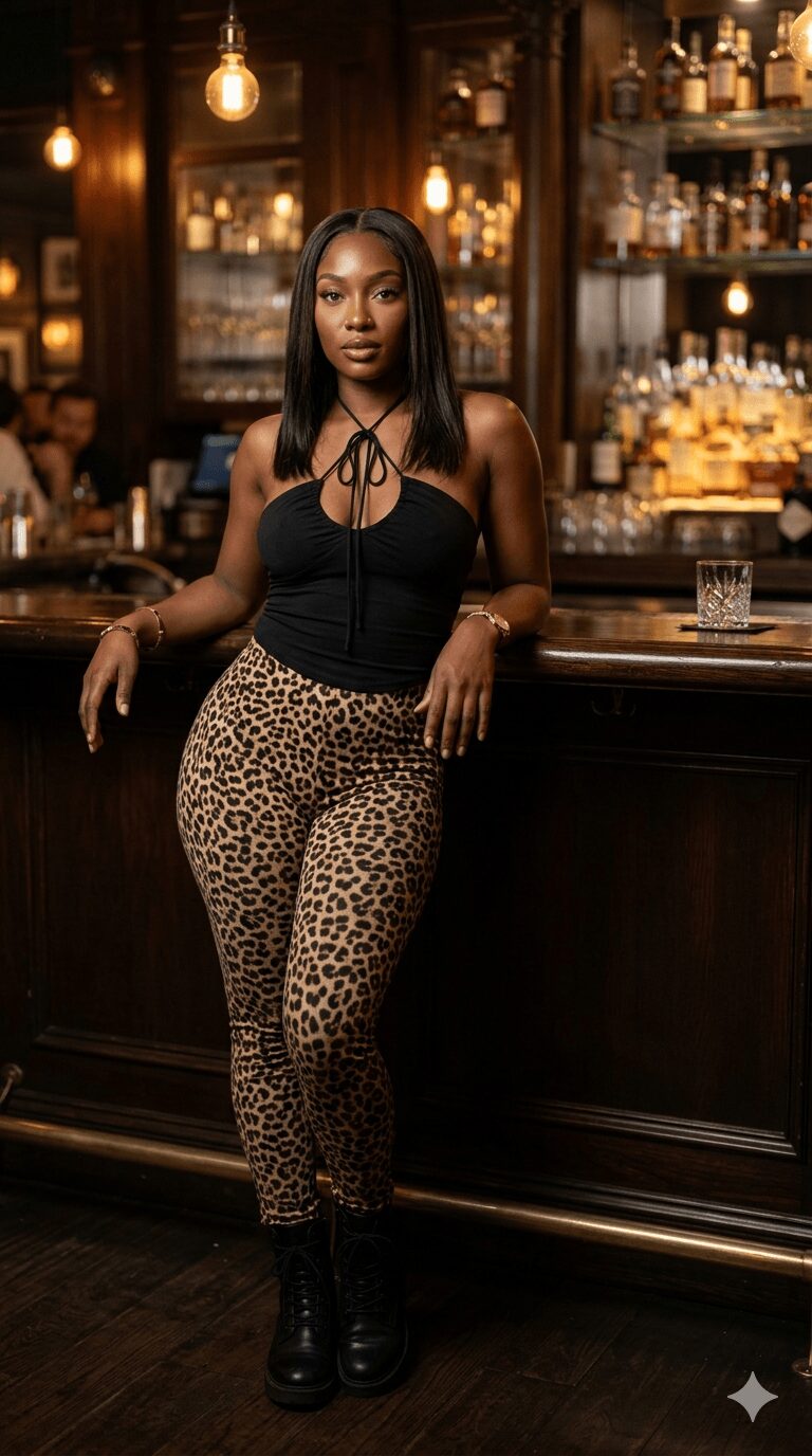 Woman standing at bar with dark hair, black top, leopard print pants, and black boots, in a dimly lit setting.