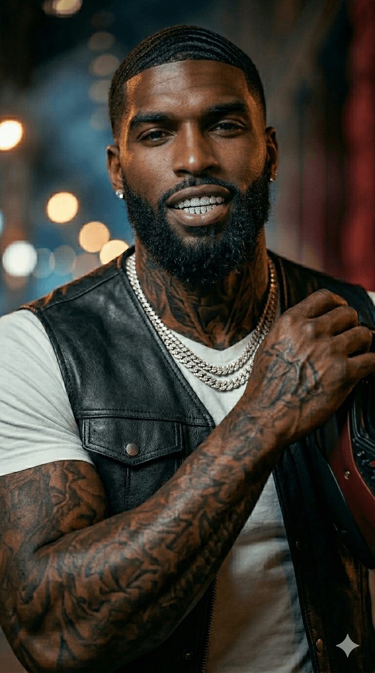 Man with a beard and tattoos wearing a leather vest and white shirt, standing outdoors at night.