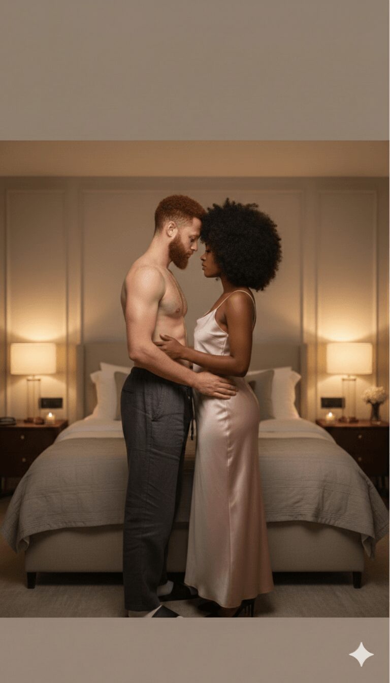 A shirtless man and a woman in a satin dress stand close, touching foreheads in a bedroom with two lamps.