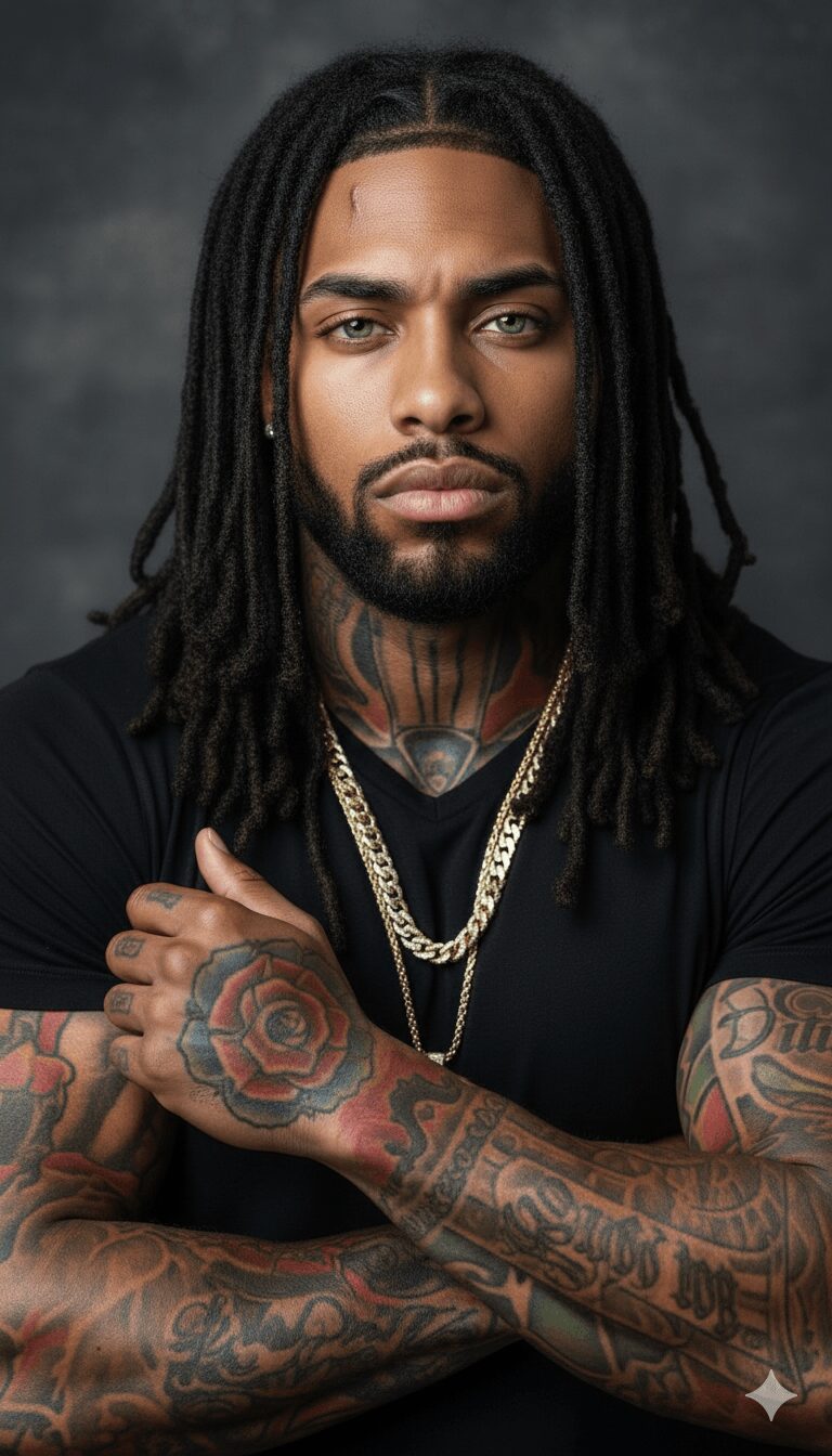 Portrait of a man with long dreadlocks, tattoos, and gold chains, looking directly at the camera.
