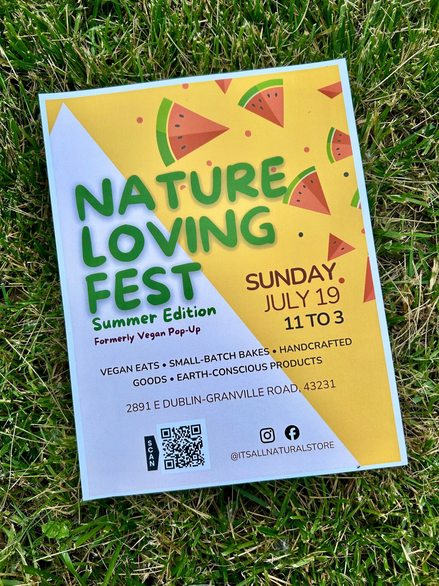 Event poster for Nature Loving Festival with watermelon slices, event date, and details, on grass background.