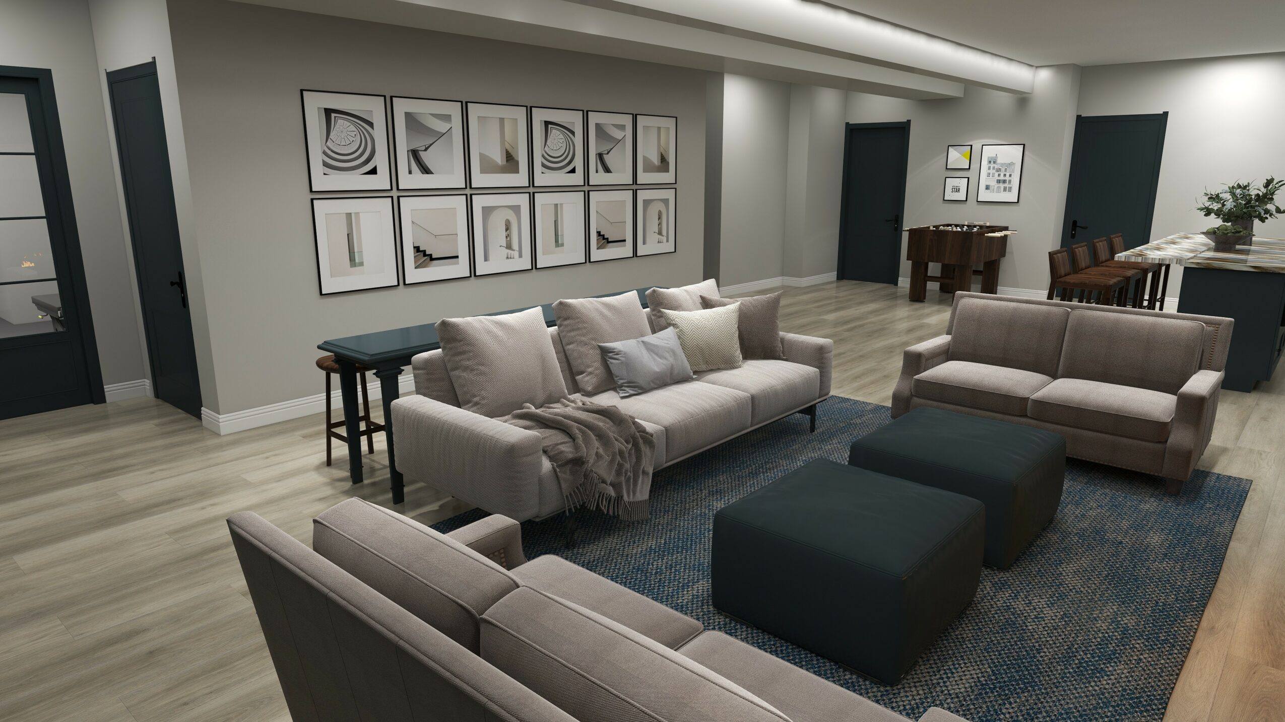 Living room with two sofas, a dark ottoman, framed artwork on the wall, and a dining area in the background.