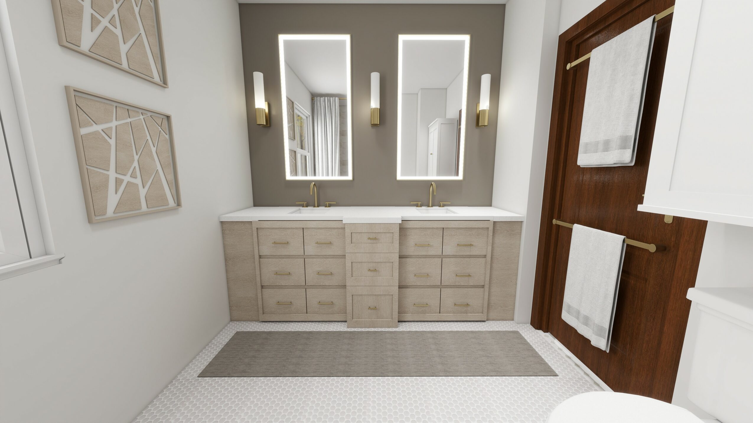 Bathroom with two mirrors, a white cabinet with drawers, and a wooden door with towels hanging, neutral color scheme.