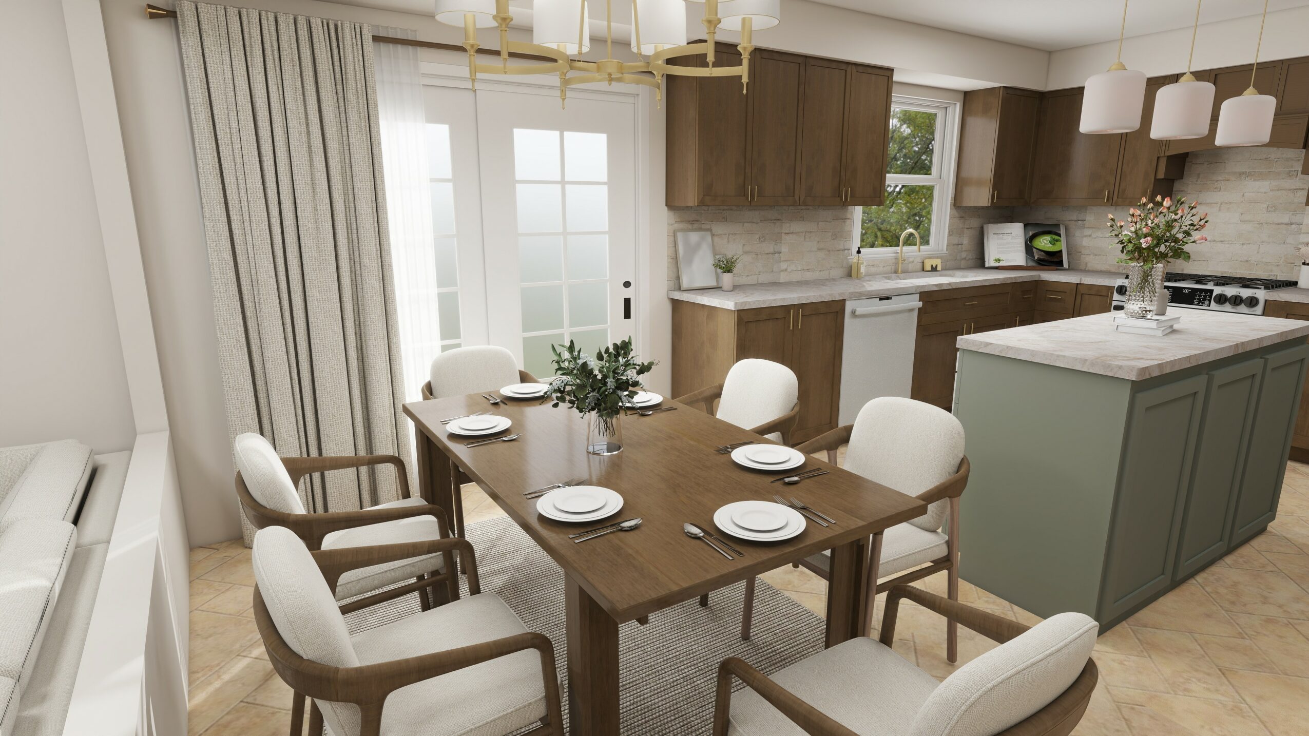 Dining area with a wooden table, six white chairs, and a kitchen with cabinets and an island in the background.