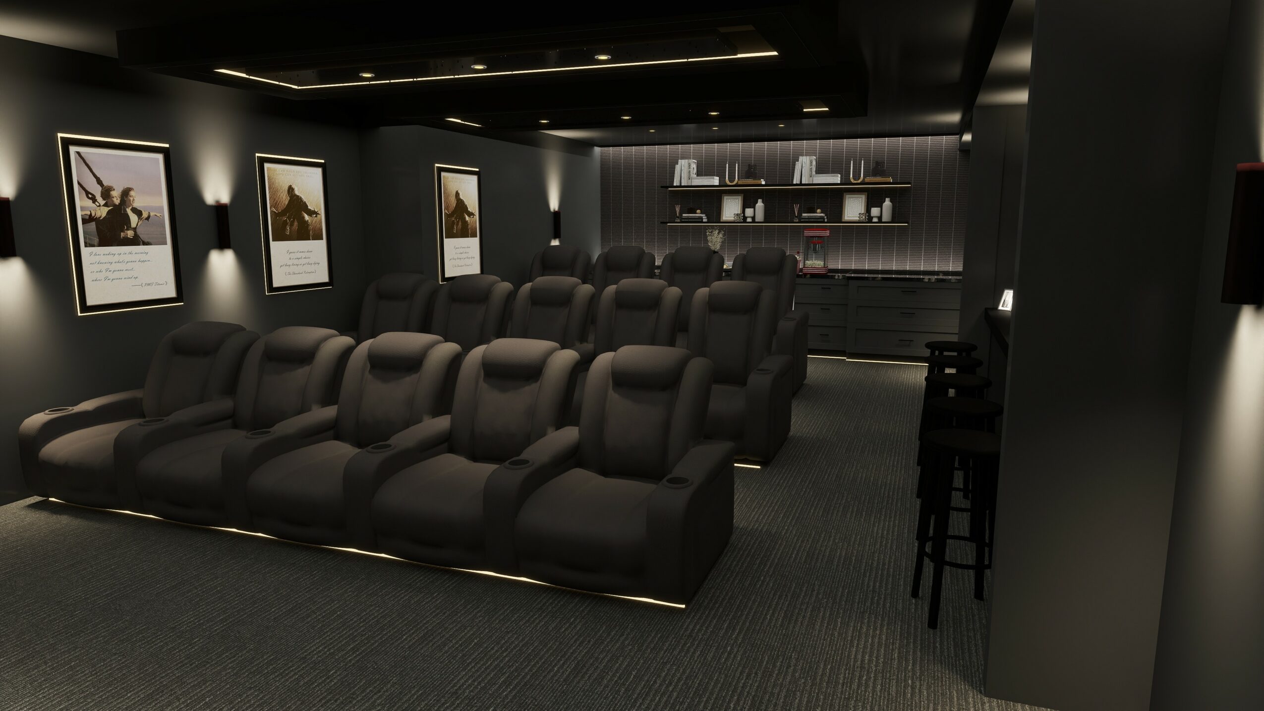 Dark room with rows of black theater seats, framed pictures on walls, and a bar area with shelves and bottles.