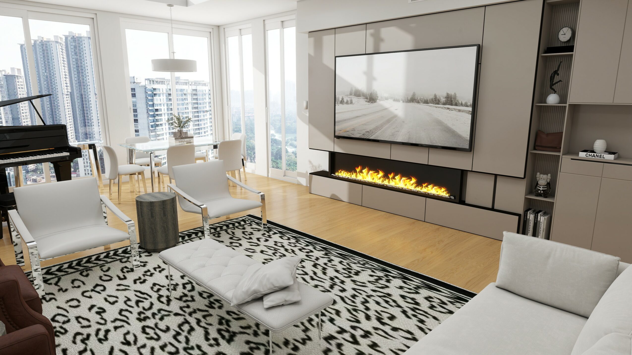 Modern living room with large windows, white furniture, a fireplace, and a patterned rug.