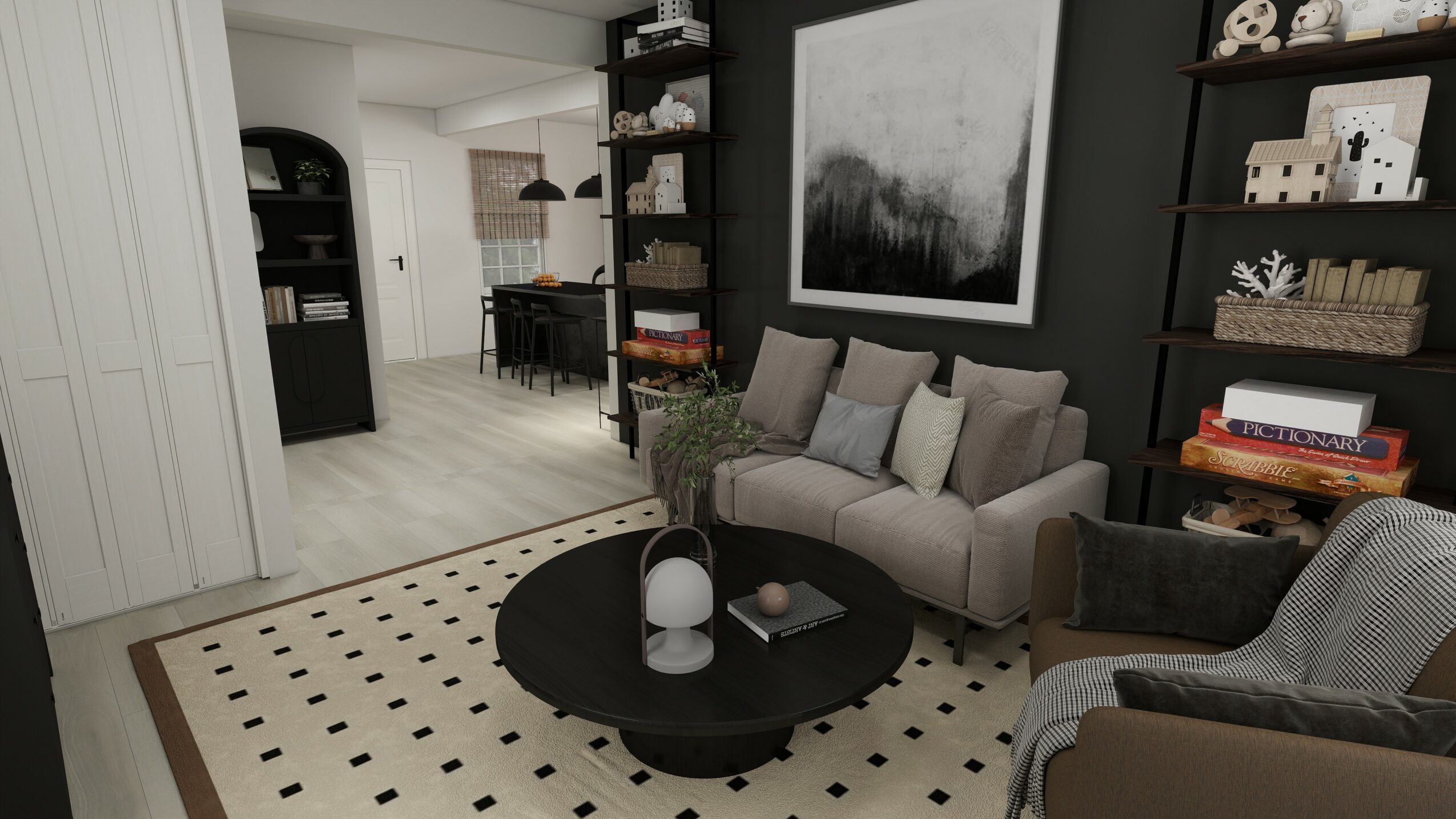Living room with a black coffee table, gray sofa, armchair, and a large abstract painting on the wall.