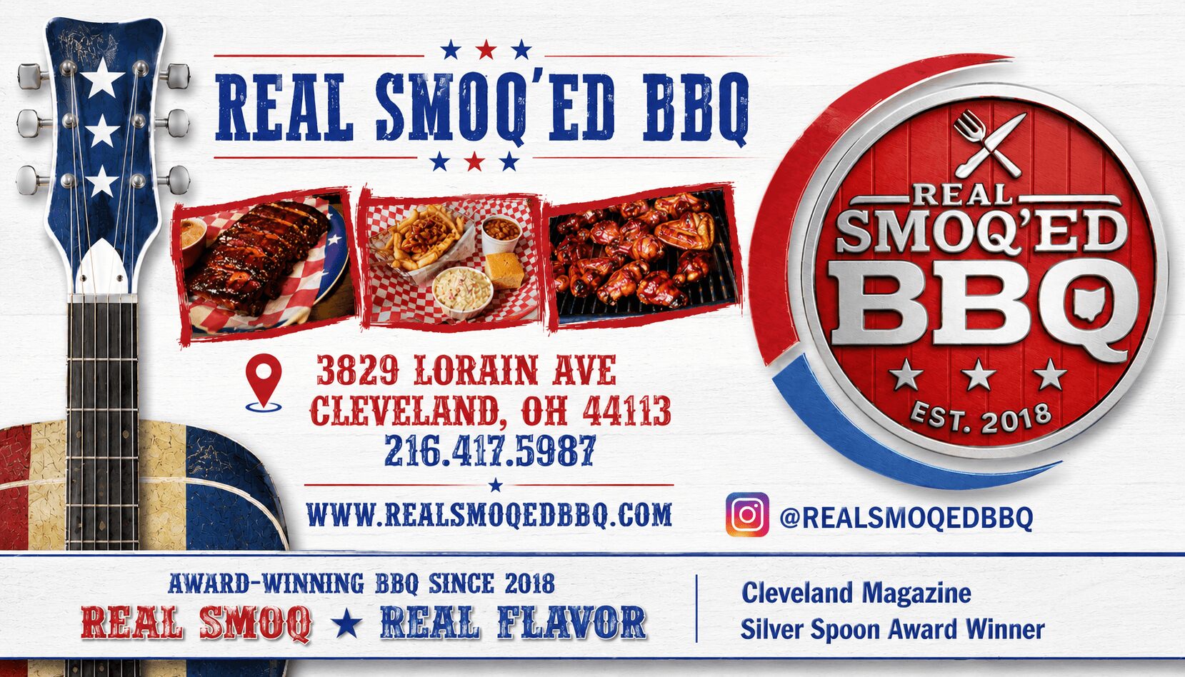 Banner advertising Real Smoq'ed BBQ with images of grilled meats, address, phone, website, and social media icons.