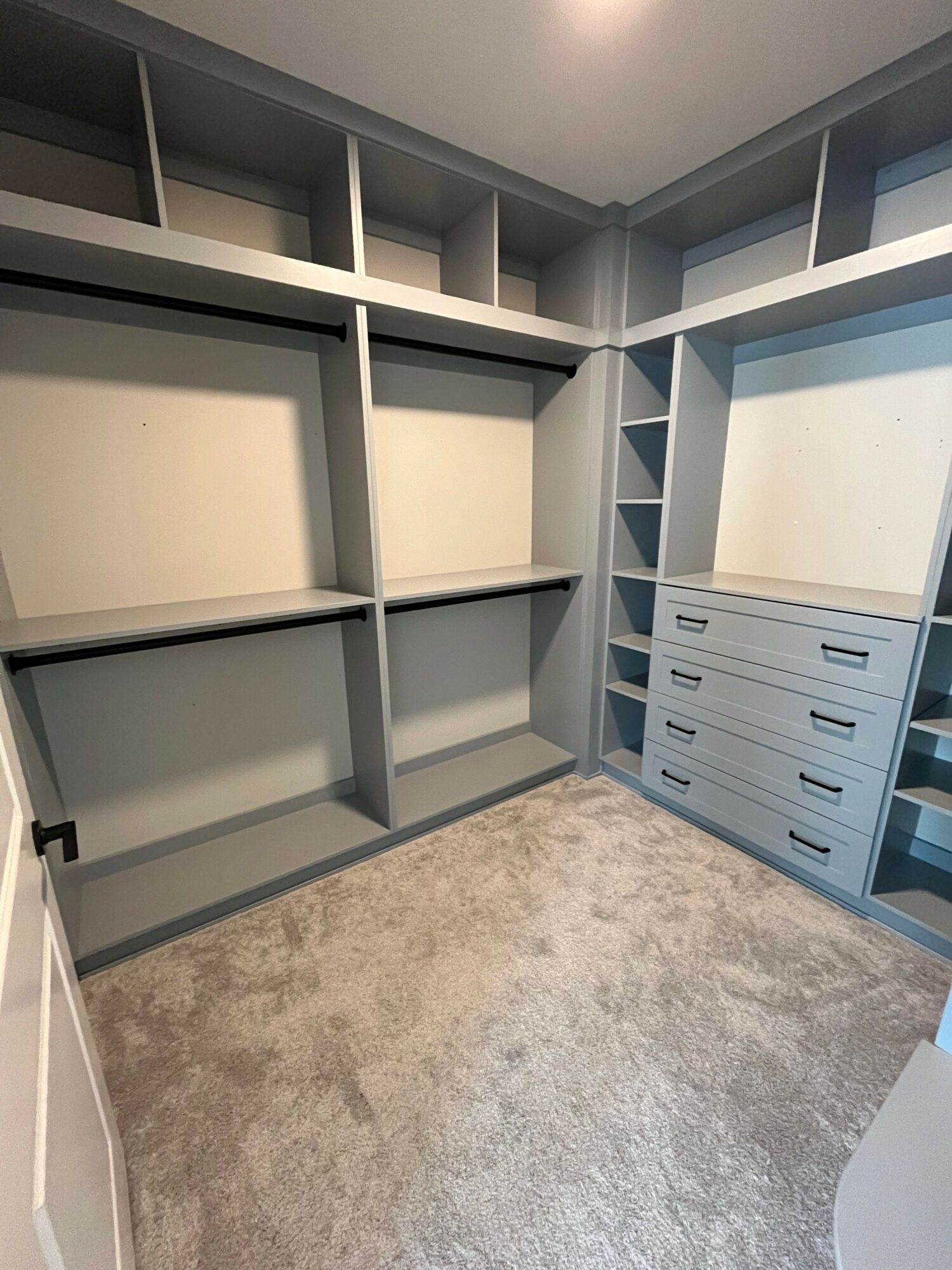Empty closet with shelves and drawers, beige carpeted floor, and white walls.