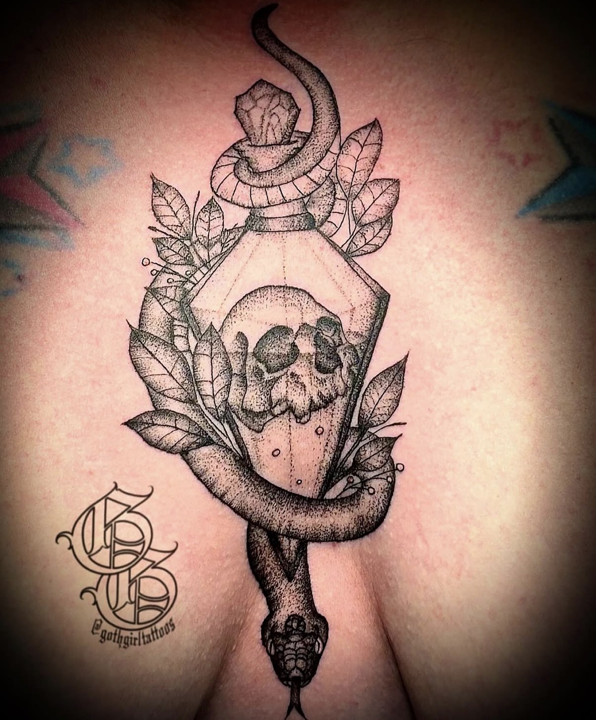 A tattoo of a snake wrapped around a skull inside a glass container with leaves, and a geometric shape on top.