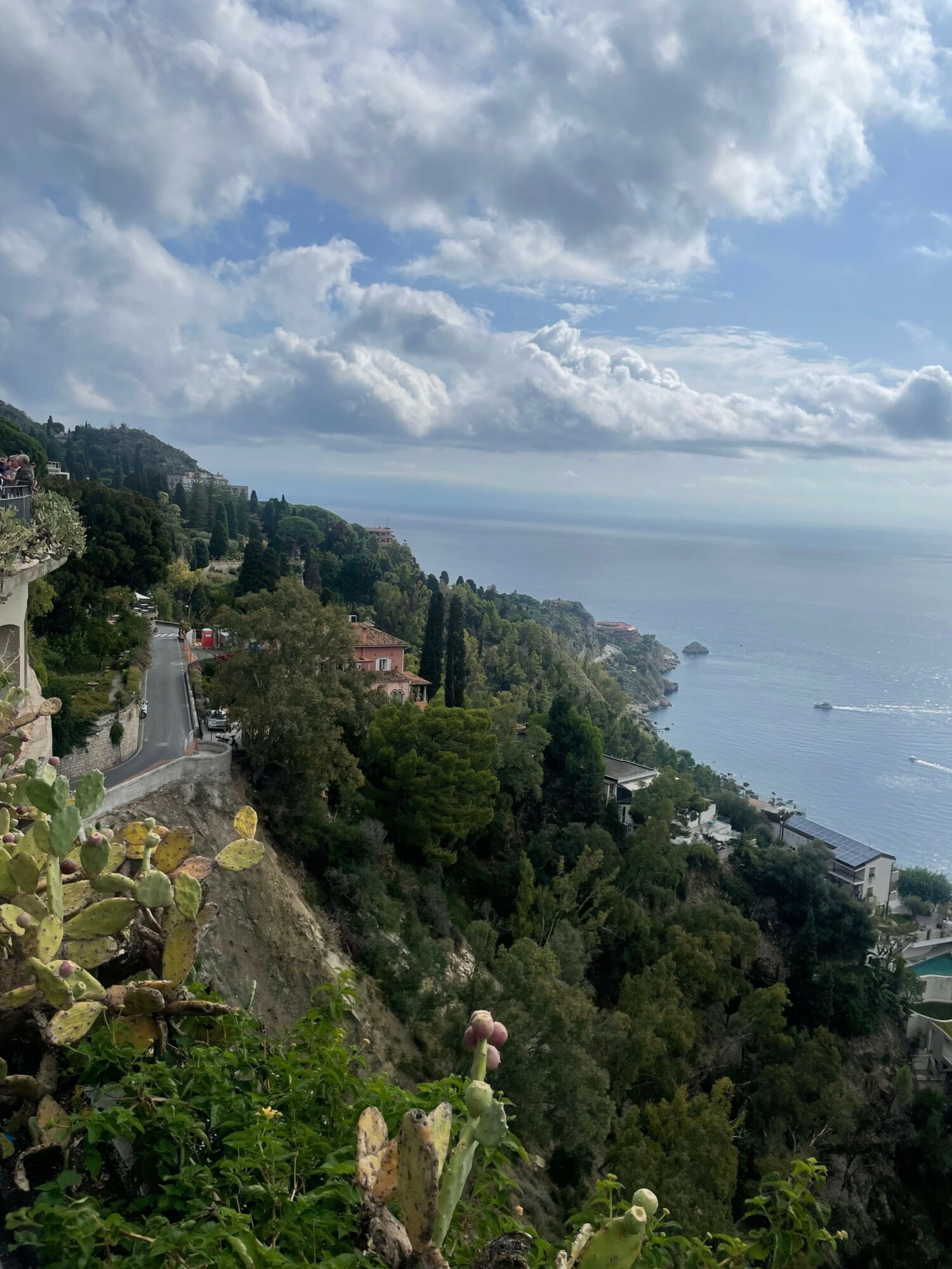 View of a hillside with trees and buildings, sky with clouds, and a body of water in the distance.