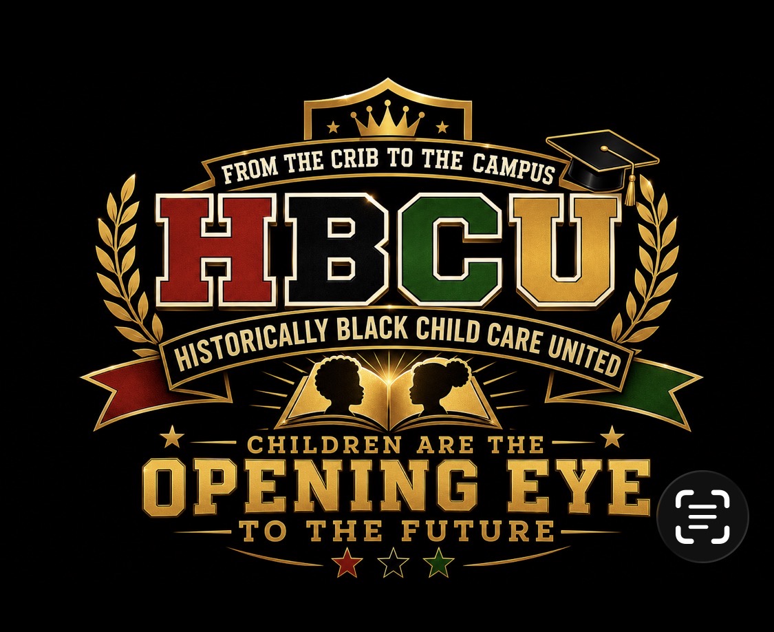 Logo with text and symbols, including a shield, laurel branches, and a graduation cap, promoting HBCU and Black child care.