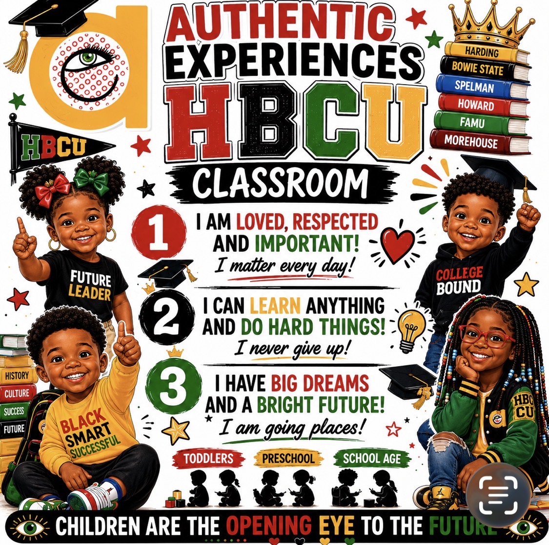 Colorful classroom poster with children, text about values, dreams, and future, featuring stars, crowns, and school-related icons.