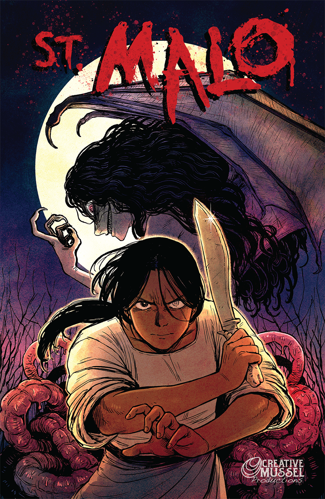 Dark-haired girl holding a knife, with a large umbrella and a sinister figure in the background, in a comic style.