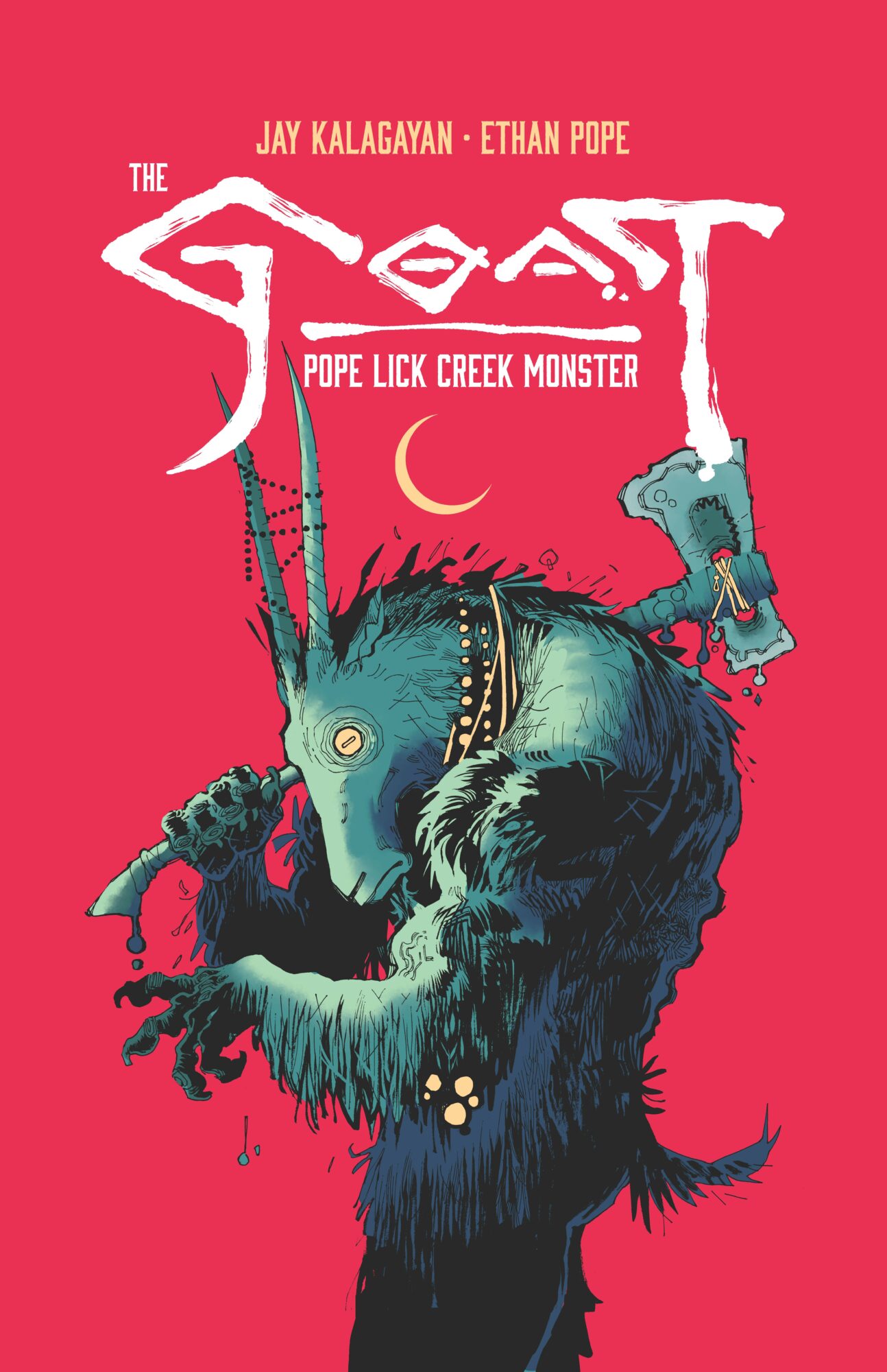 A colorful monster with multiple eyes, holding a phone, against a pink background with a crescent moon. Text includes titles and authors.
