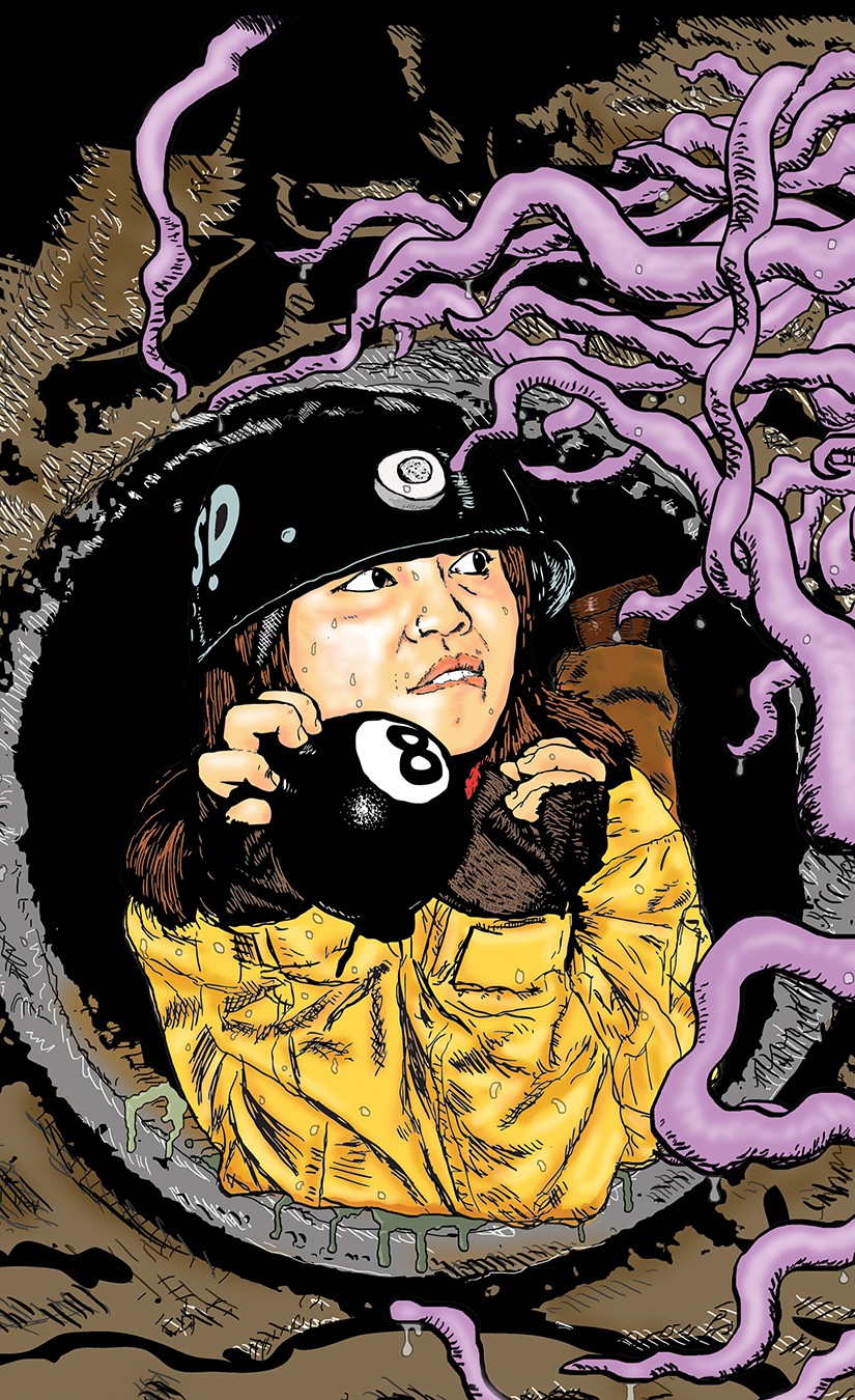 Person in yellow jacket holding a black ball with a white symbol, looking out of a tunnel with purple tentacles above.
